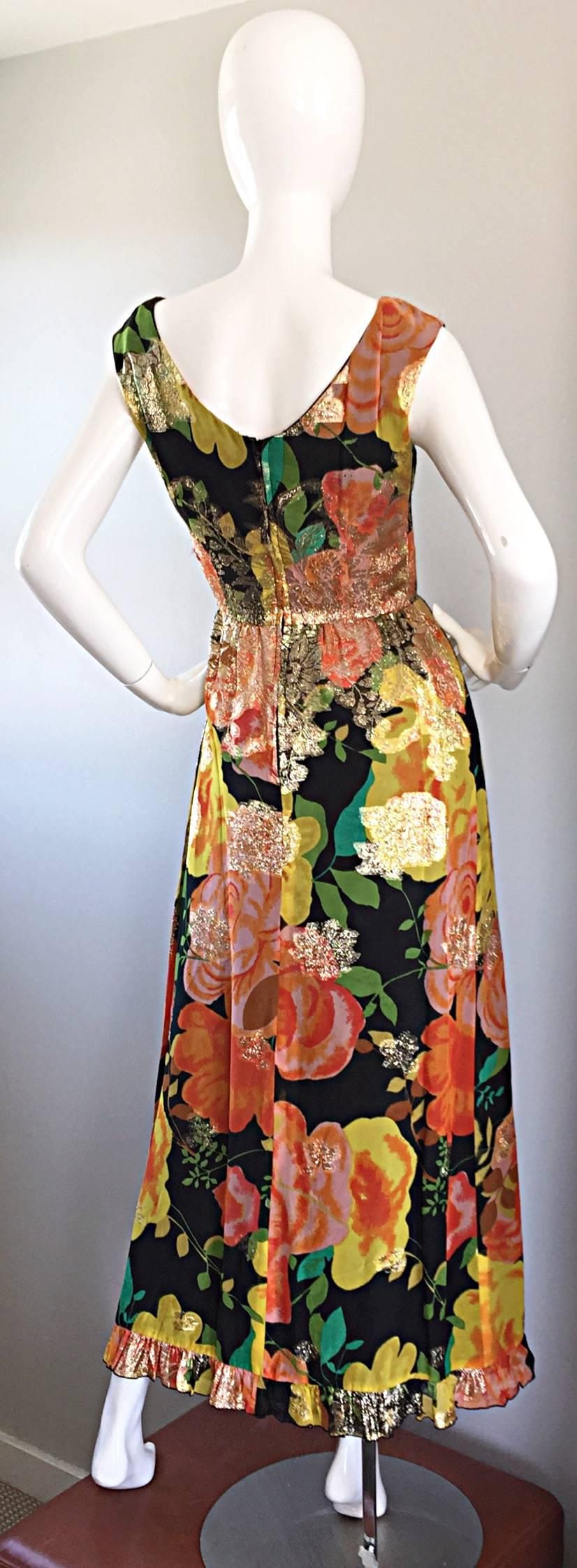 Amazing 1970s Colorful Chiffon Metallic Floral Ruffled Boho Vintage Maxi Dress 3