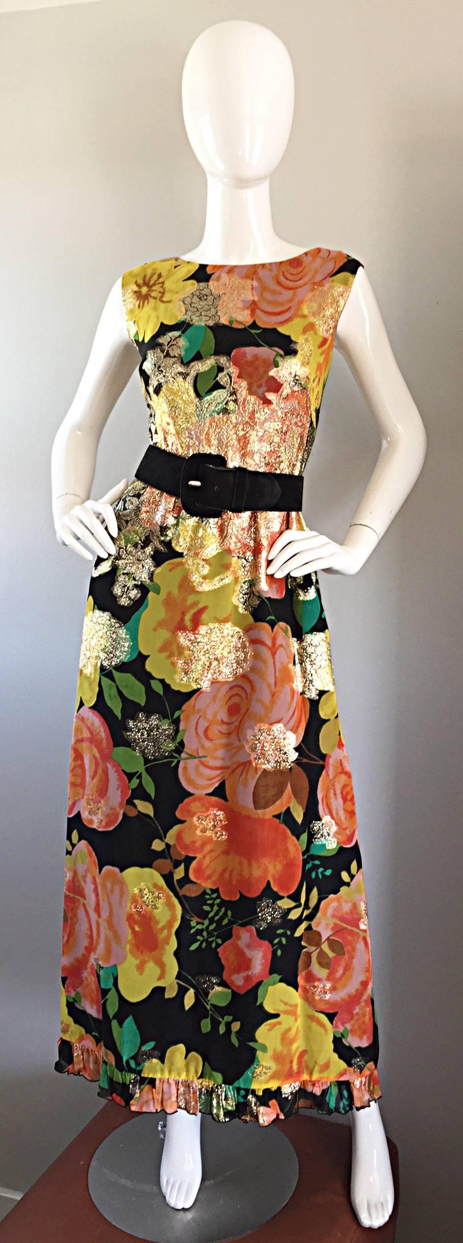 Women's Amazing 1970s Colorful Chiffon Metallic Floral Ruffled Boho Vintage Maxi Dress