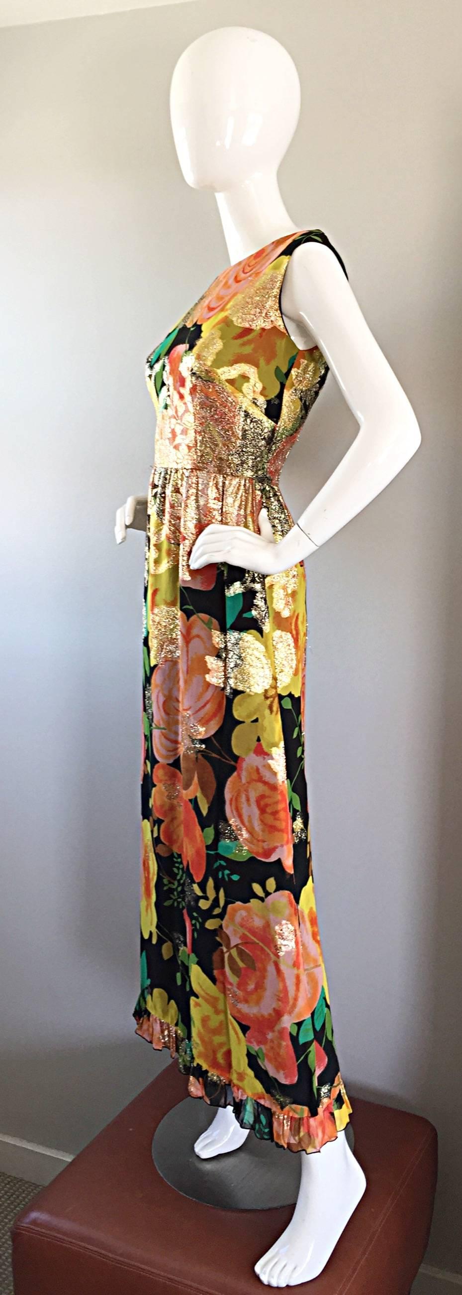 Amazing 1970s Colorful Chiffon Metallic Floral Ruffled Boho Vintage Maxi Dress 2