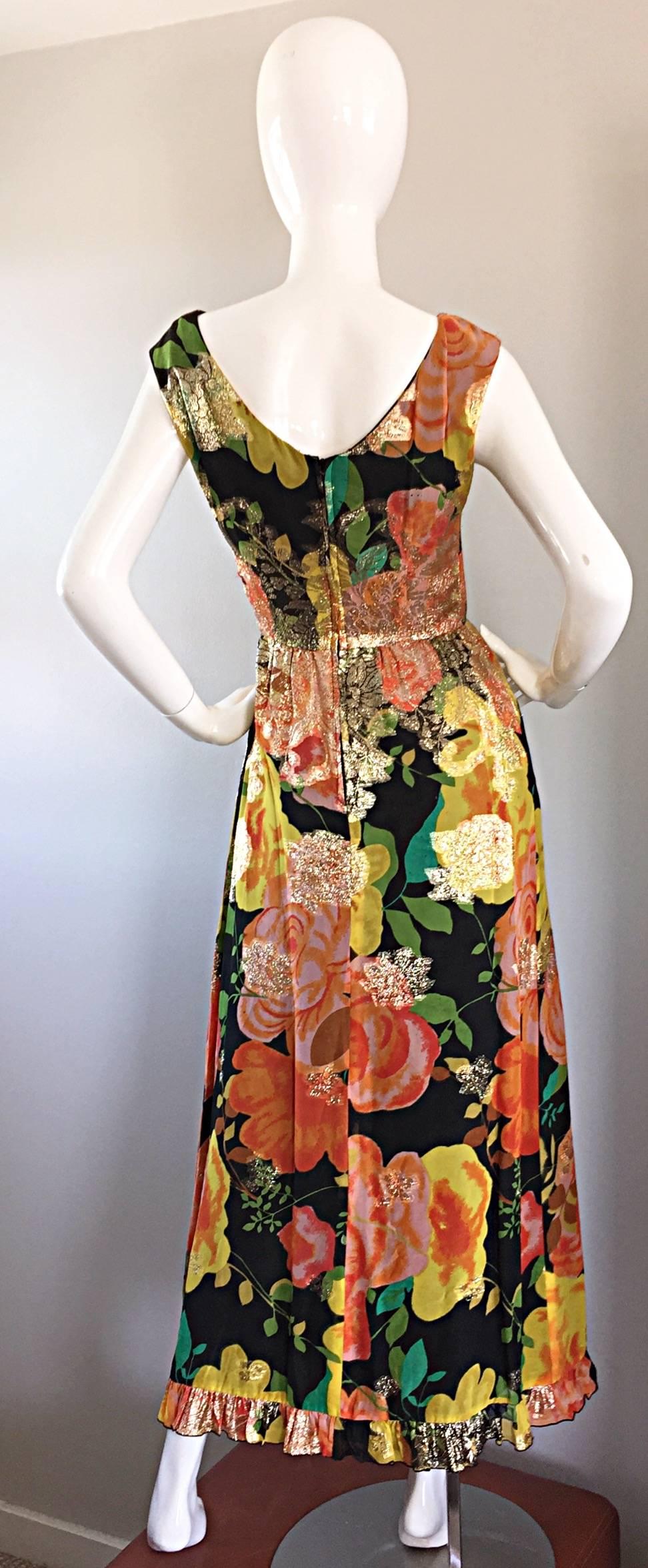 Amazing 1970s Colorful Chiffon Metallic Floral Ruffled Boho Vintage Maxi Dress In Excellent Condition In San Diego, CA