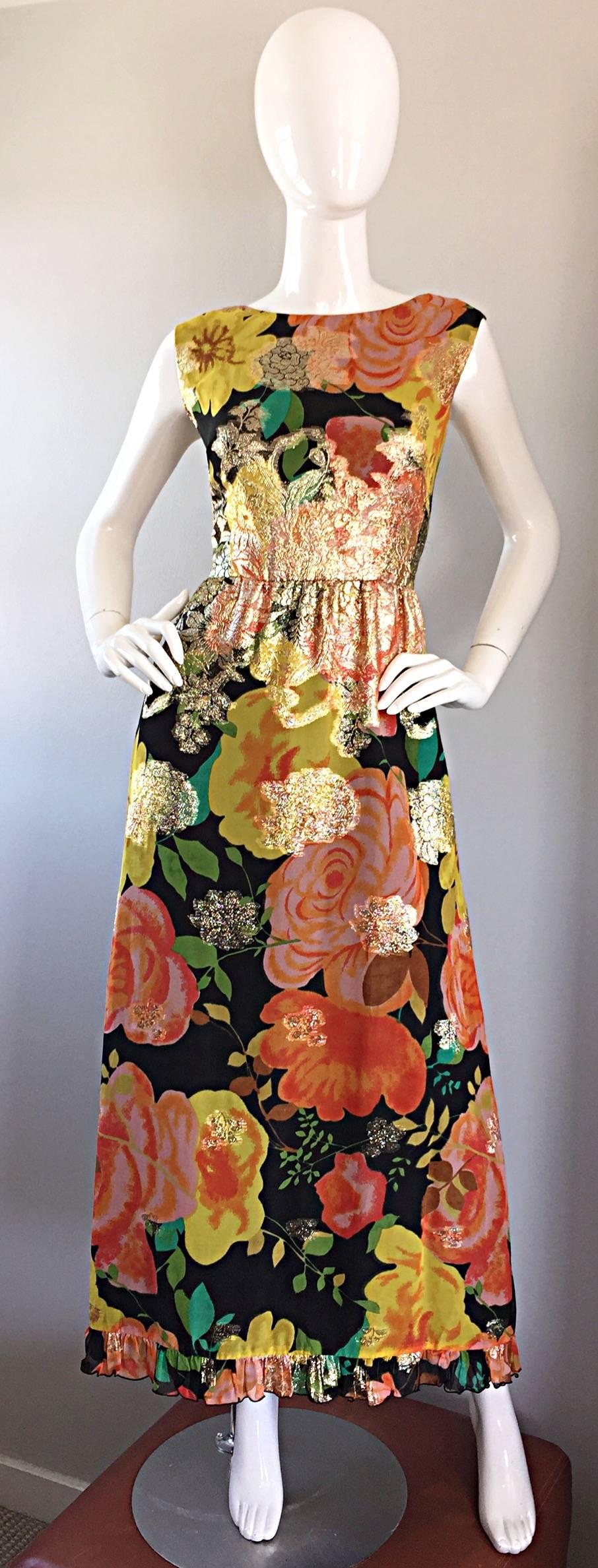 Amazing 1970s Colorful Chiffon Metallic Floral Ruffled Boho Vintage Maxi Dress 4