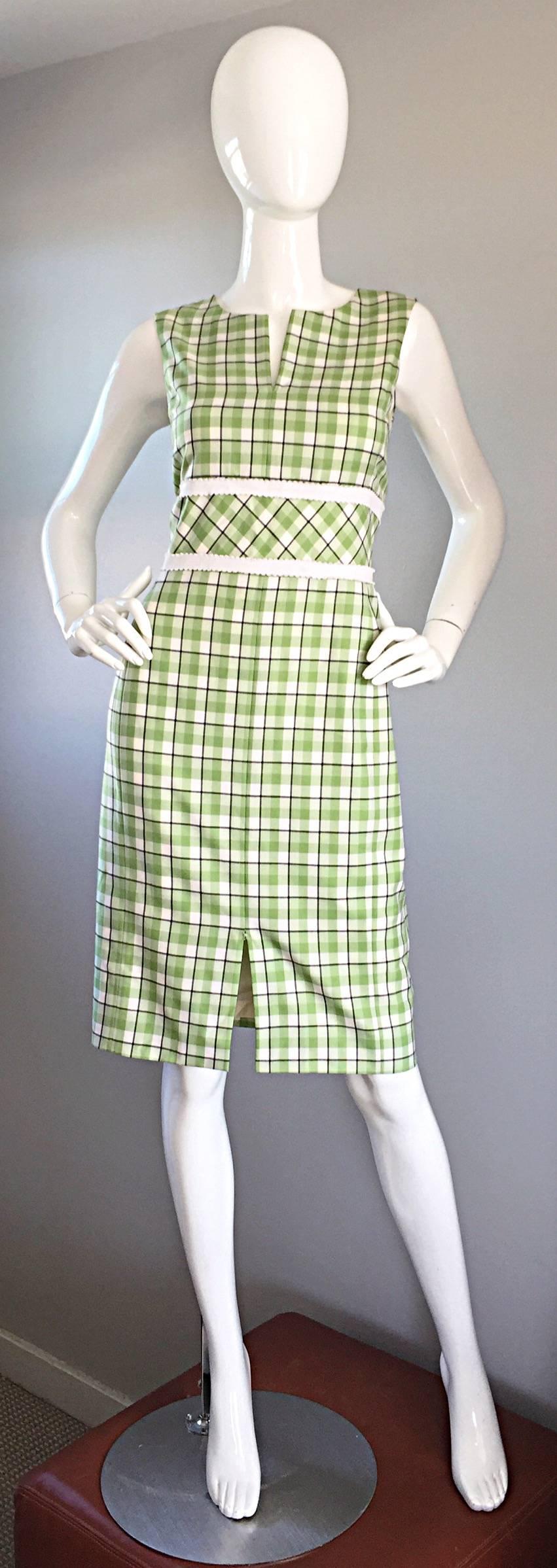 Oscar de La Renta Size 6 / 8 Saks 5th Ave Green + White Checkered Plaid Dress  For Sale 1