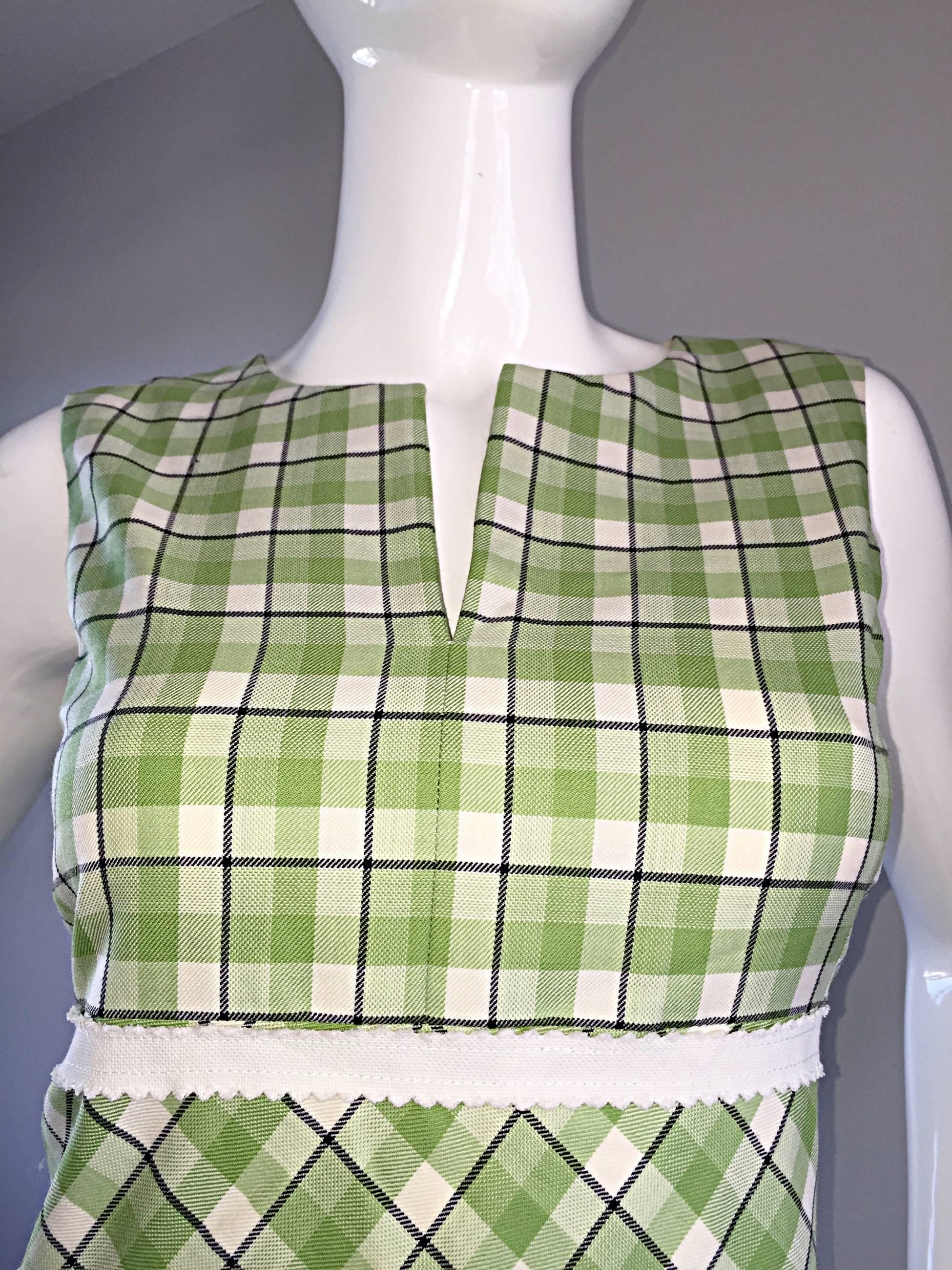 green and white checkered dress