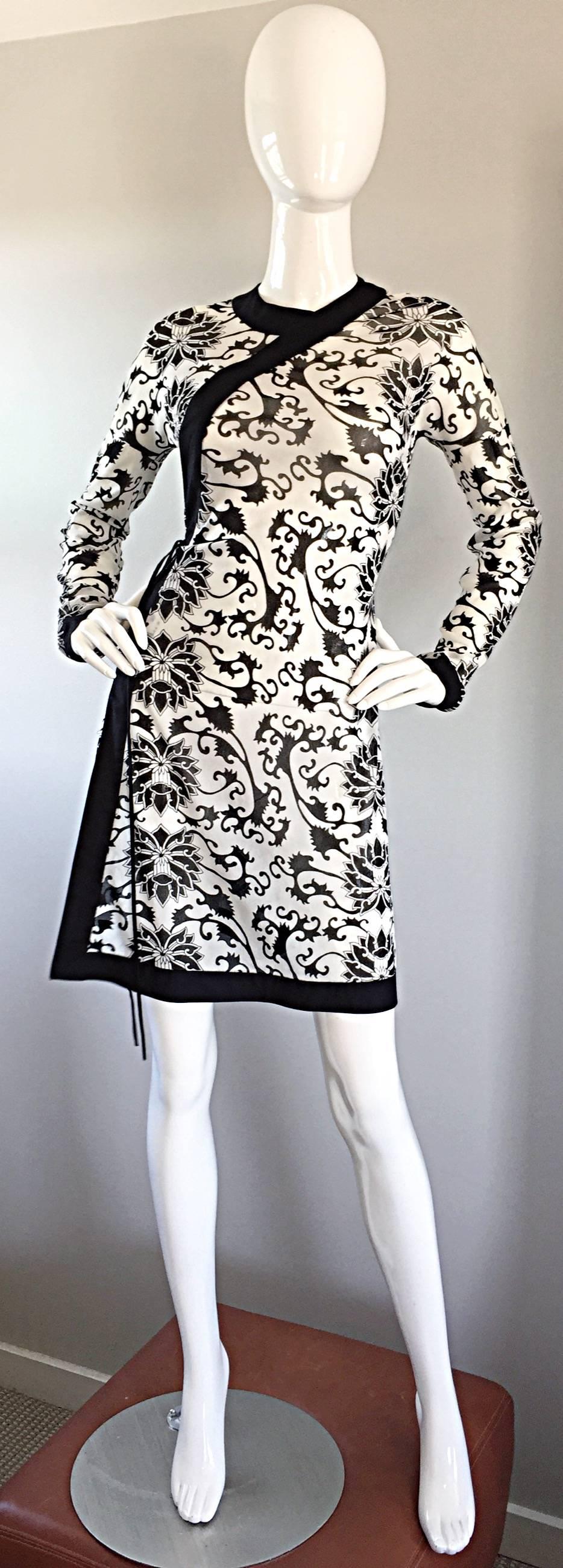 Rare Vintage Vivienne Tam Black and White Tattoo Print Asian Inspired Wrap Dress For Sale 1