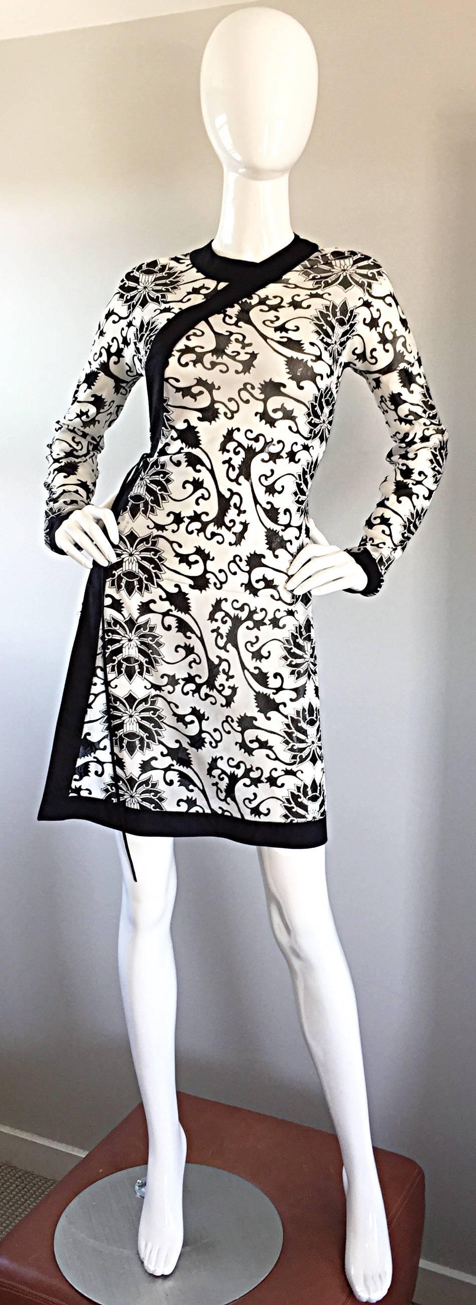 Super rare early 90s VIVIENNE TAM black and white 'tattoo' print semi-sheer wrap dress! Asian inspired fit, which wraps around to the side, with snaps up the side bodice. Looks amazing with boots or heels! Great fit, that will stretch to fit an