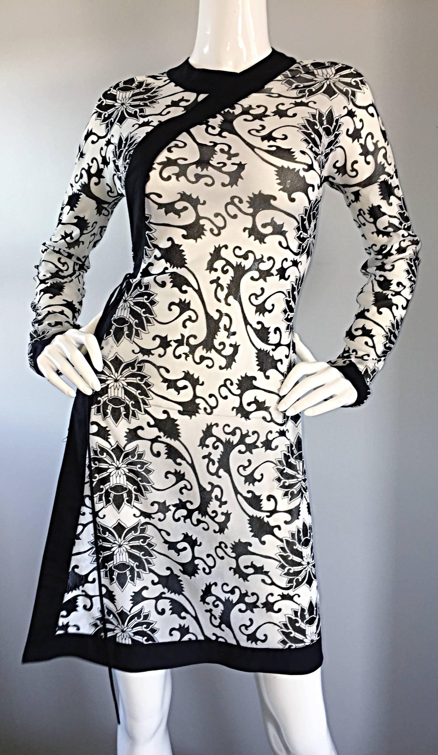 Gray Rare Vintage Vivienne Tam Black and White Tattoo Print Asian Inspired Wrap Dress For Sale