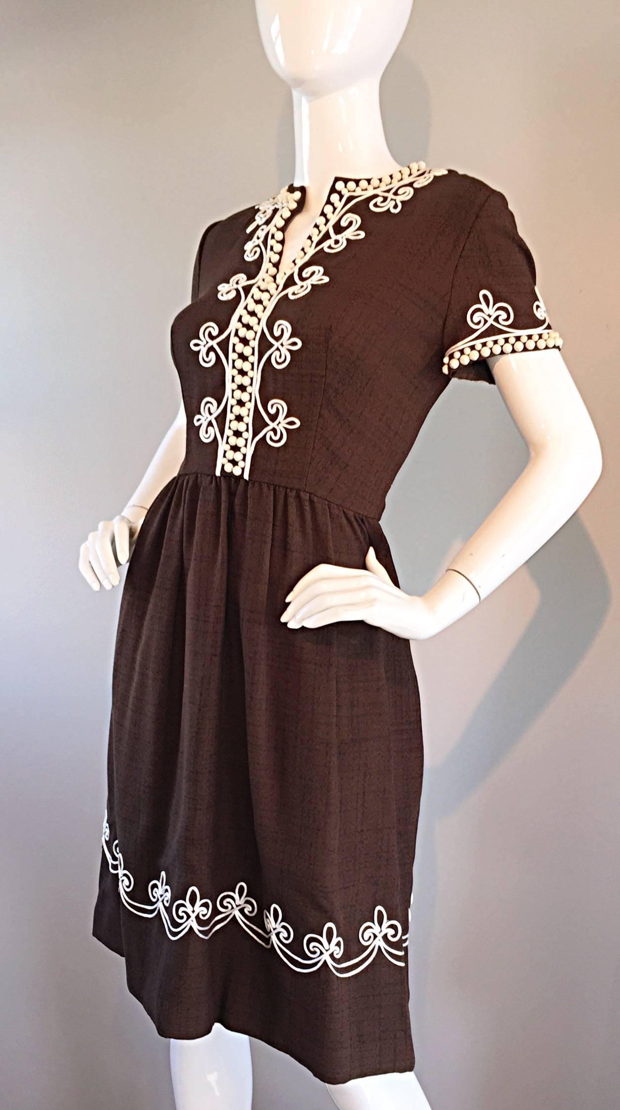 1960s Oscar de la Renta Brown + White Beaded Linen Embroidered Vintage 60s Dress 1