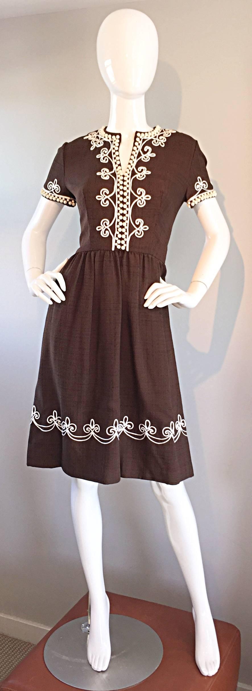 1960s Oscar de la Renta Brown + White Beaded Linen Embroidered Vintage 60s Dress 2