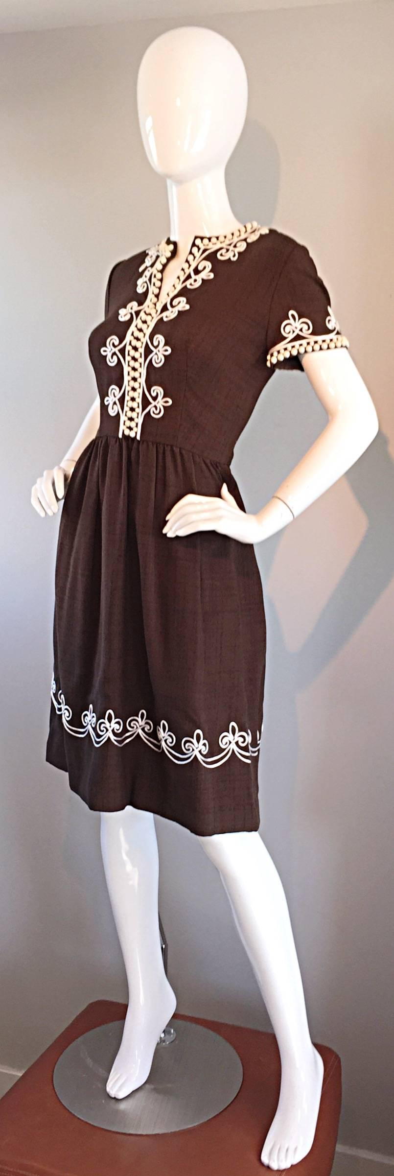 Black 1960s Oscar de la Renta Brown + White Beaded Linen Embroidered Vintage 60s Dress