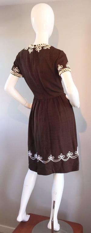 60’s Beige and Brown High Neck Long Sleeve Dress by Oscar De La Renta