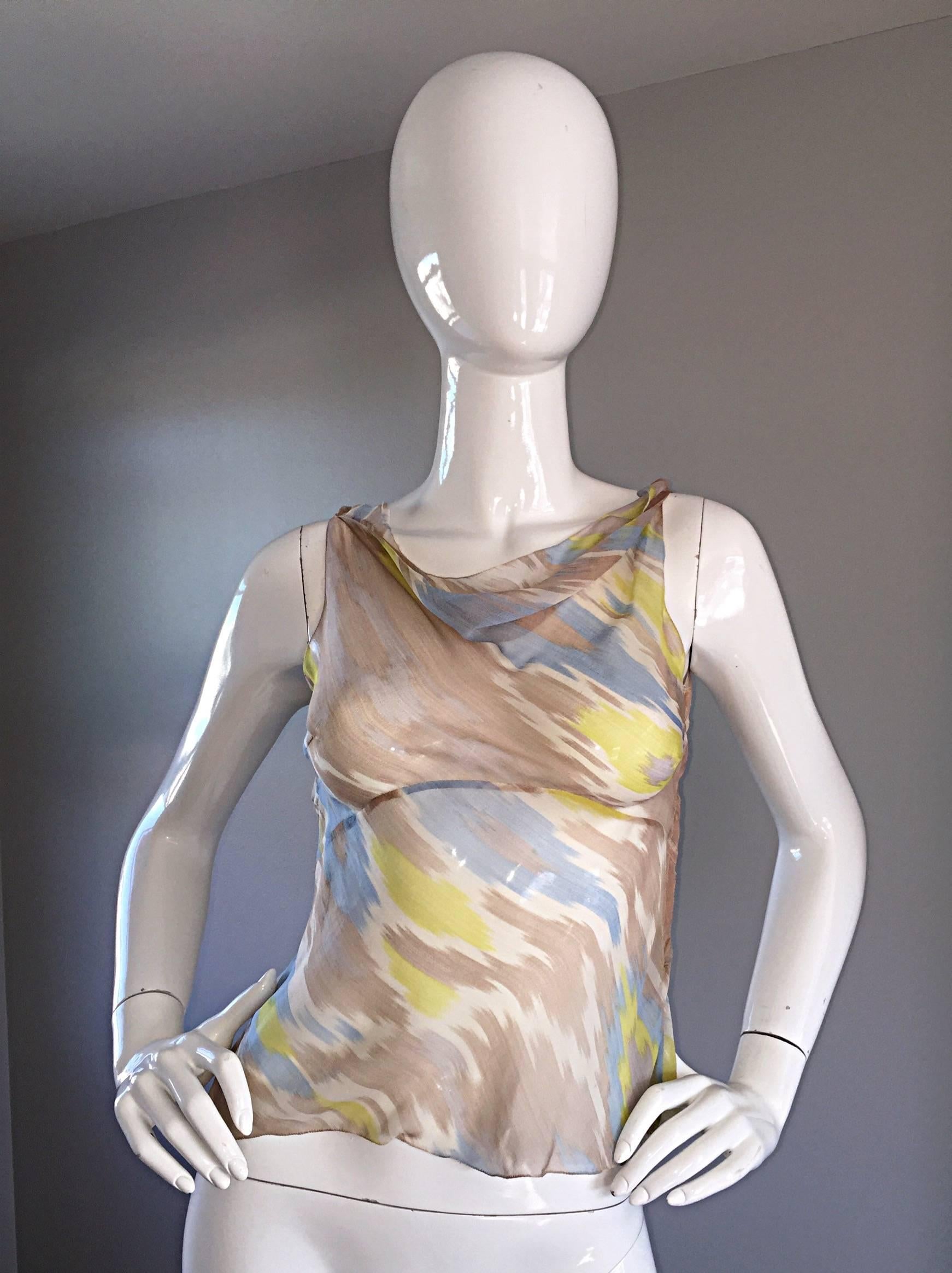 Alberta Ferretti 90s ' Ikat ' Print Silk Chiffon Semi Sheer Vintage Dress Set 1