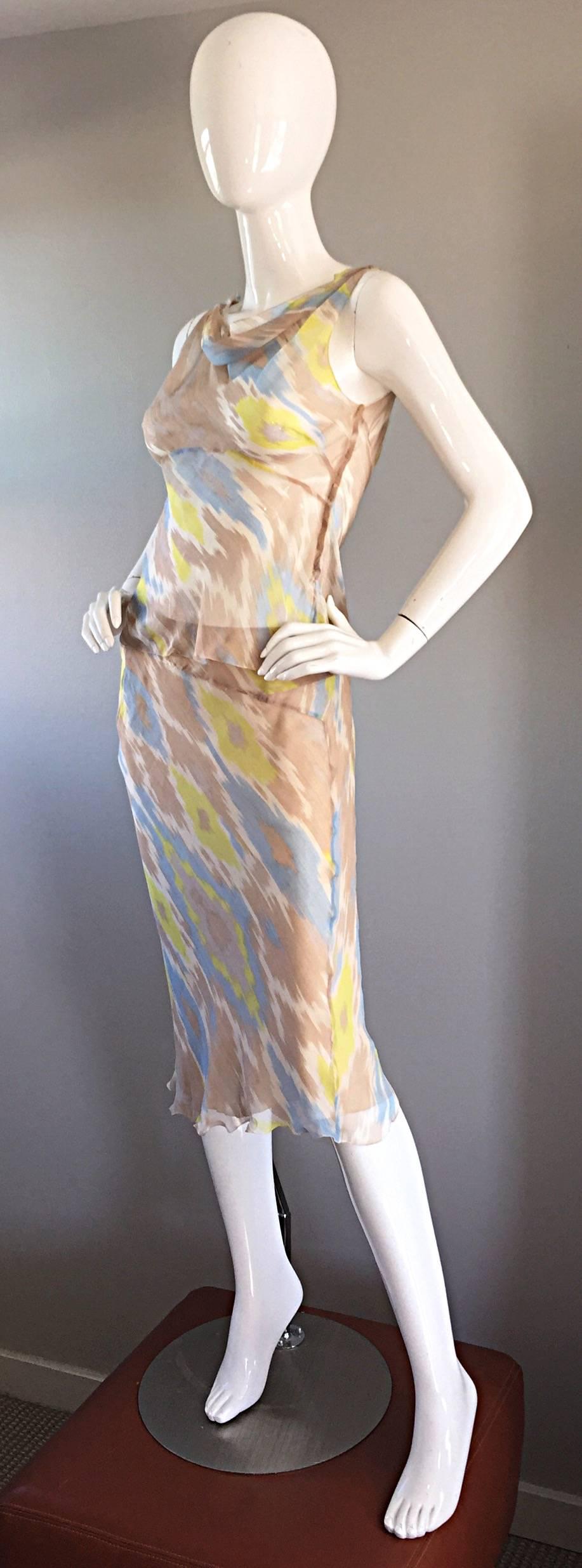 Beige Alberta Ferretti 90s ' Ikat ' Print Silk Chiffon Semi Sheer Vintage Dress Set