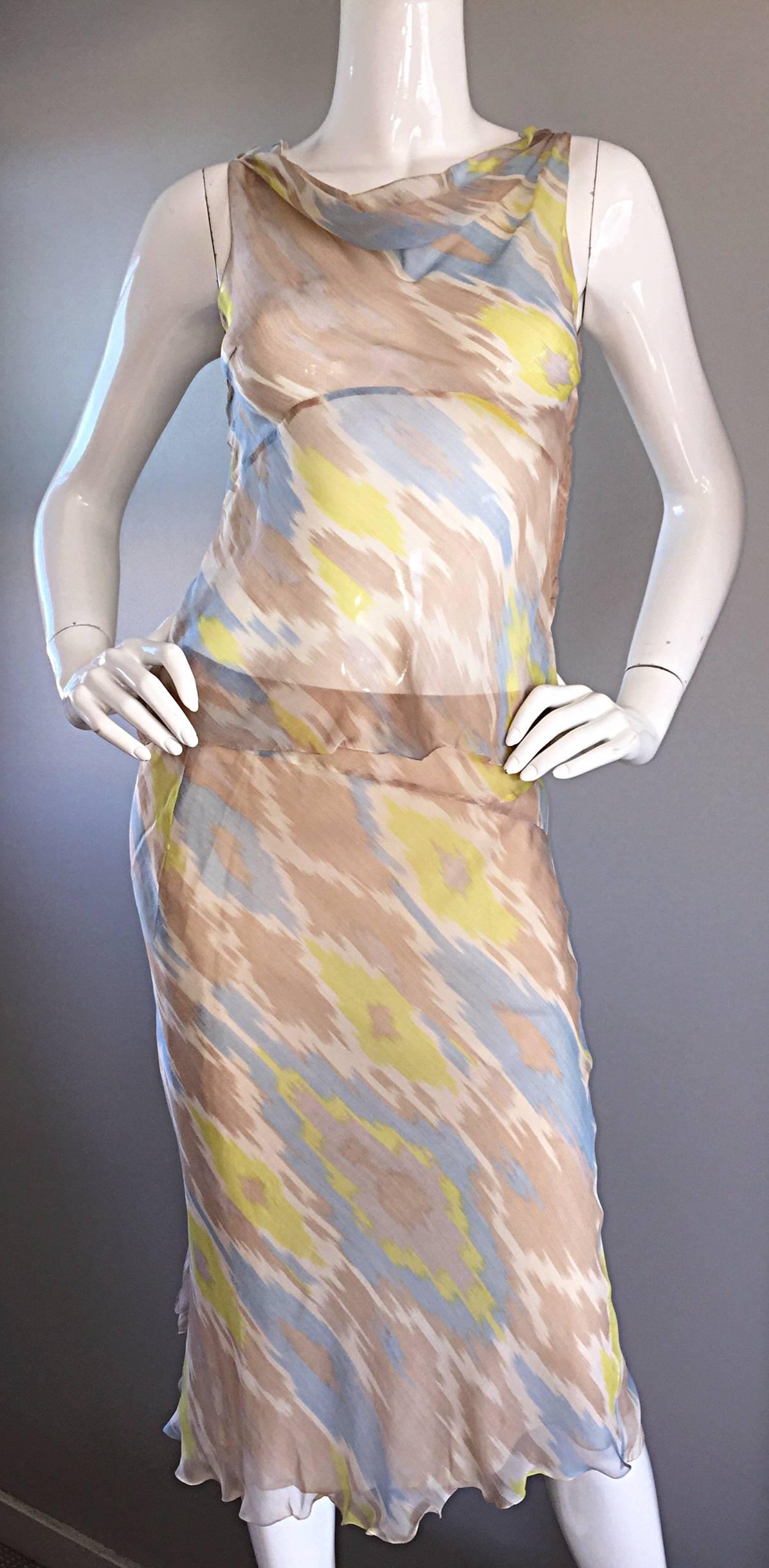 Alberta Ferretti 90s ' Ikat ' Print Silk Chiffon Semi Sheer Vintage Dress Set In Excellent Condition In San Diego, CA