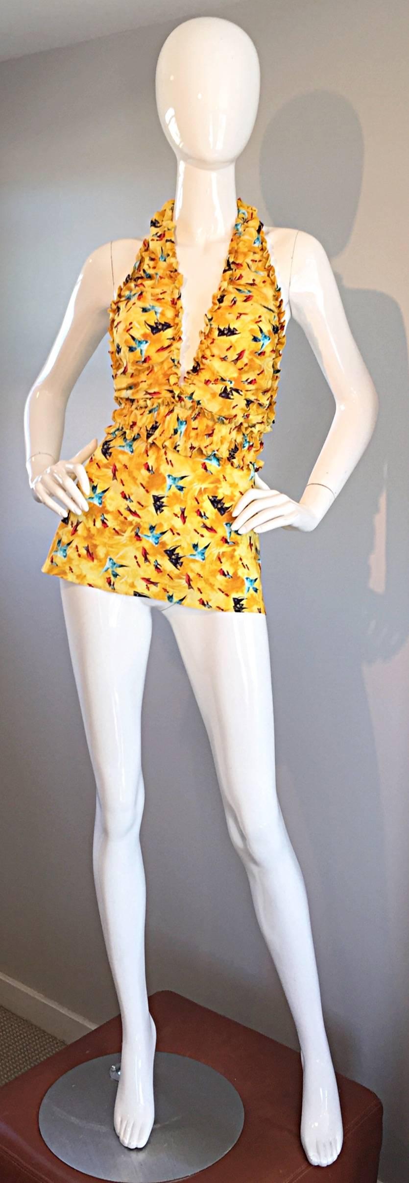 Sexy vintage FENDI, by Karl Lagerfeld, early 1990s silk halter top! Features awesome prints of fish throughout. Plunging neckline, with ruffles at bodice and waist. Very flattering. Mustard Yellow color, with blue and red fish. Can easily go from