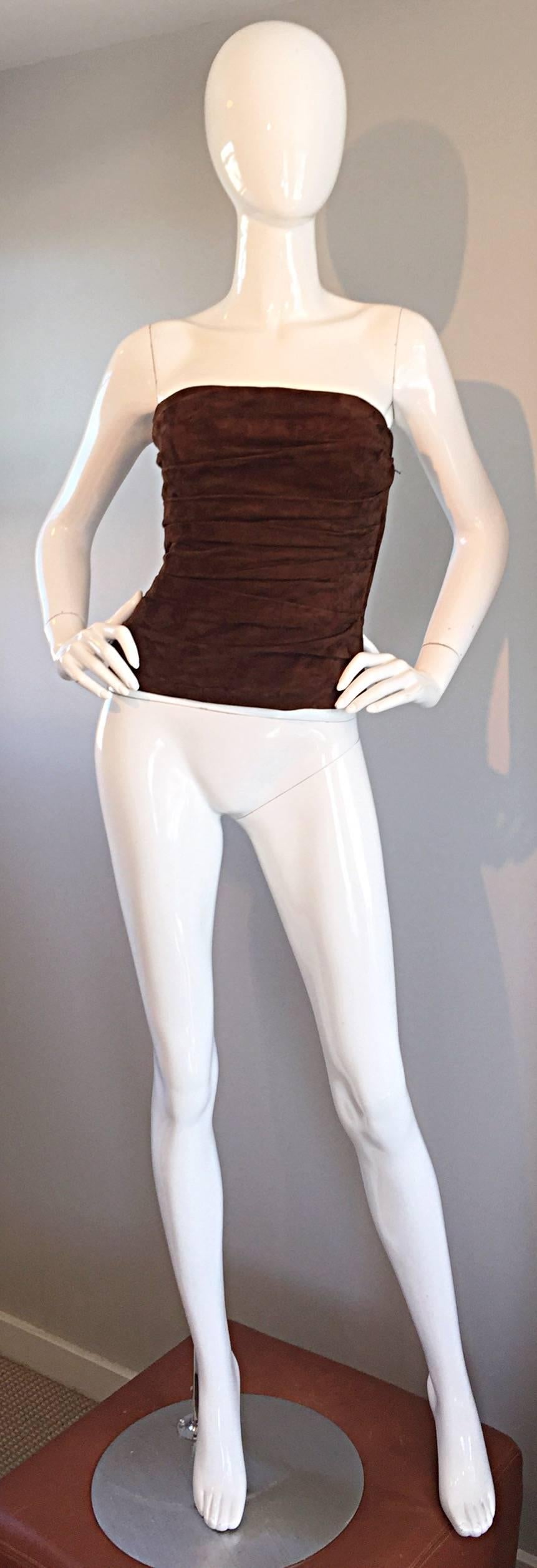 Amazing 90s RALPH LAUREN COLLECTION (Purple Label) brown suede ruched corset / bustier! Holds everything in, and is extremely flattering. Ruched down the front and the back. The perfect brown color, and the most luxurious feeling soft genuine suede
