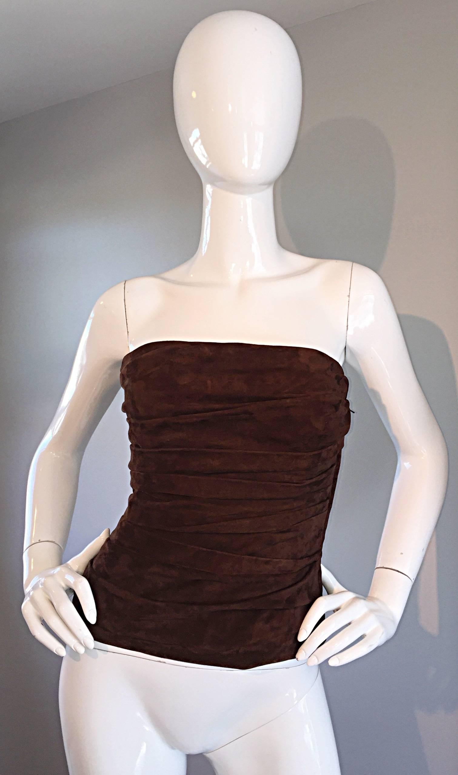 Women's 1990s Ralph Lauren Collection Brown Leather Suede Bustier / Vintage Corset Top