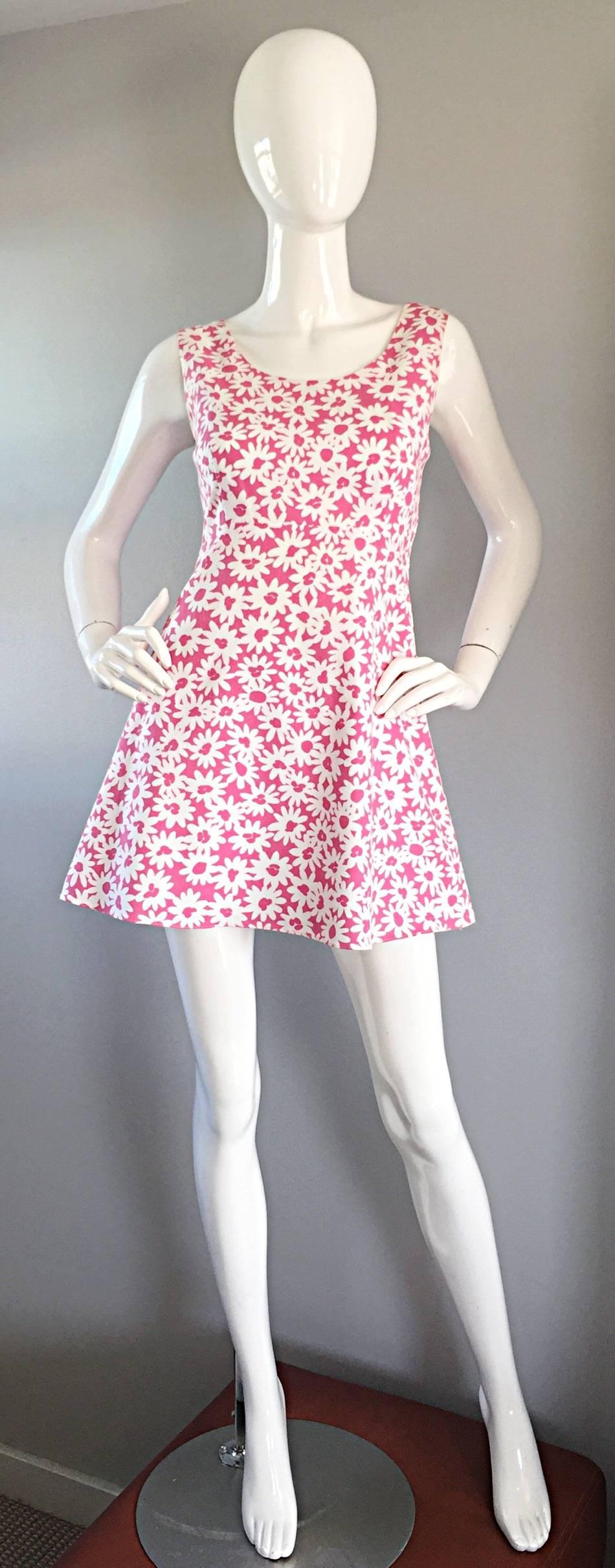 Adorable 1990s Jill Stuart Pink + White Daisy Print A - Line 90s Babydoll Dress  For Sale 4