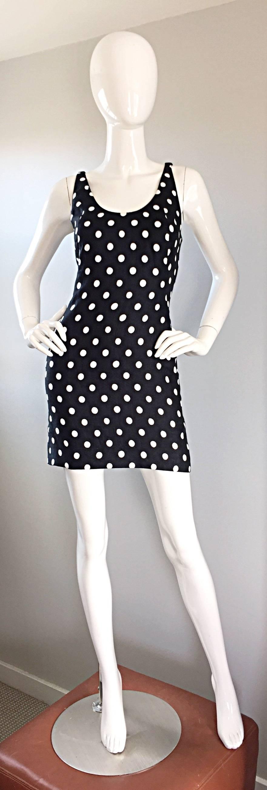 Vintage Geoffrey Beene Neiman Marcus Black and White Polka Dot Mini Linen Dress 5