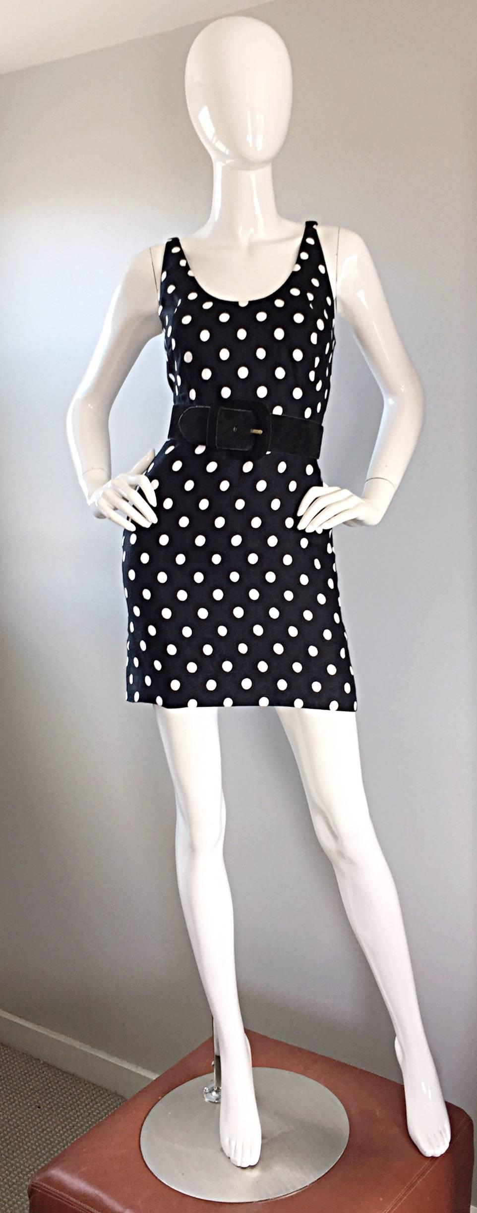 Vintage Geoffrey Beene Neiman Marcus Black and White Polka Dot Mini Linen Dress 1