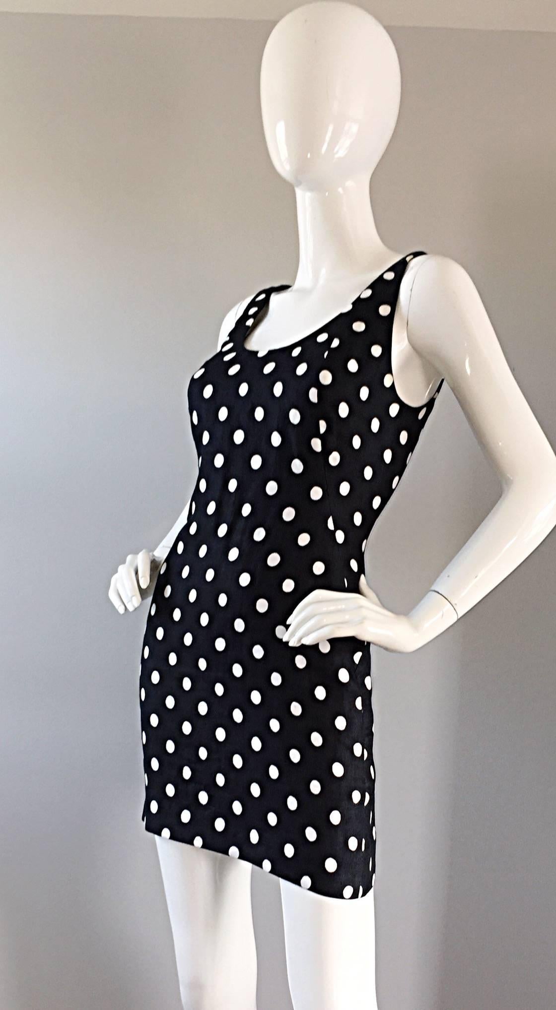 Vintage Geoffrey Beene Neiman Marcus Black and White Polka Dot Mini Linen Dress In Excellent Condition In San Diego, CA