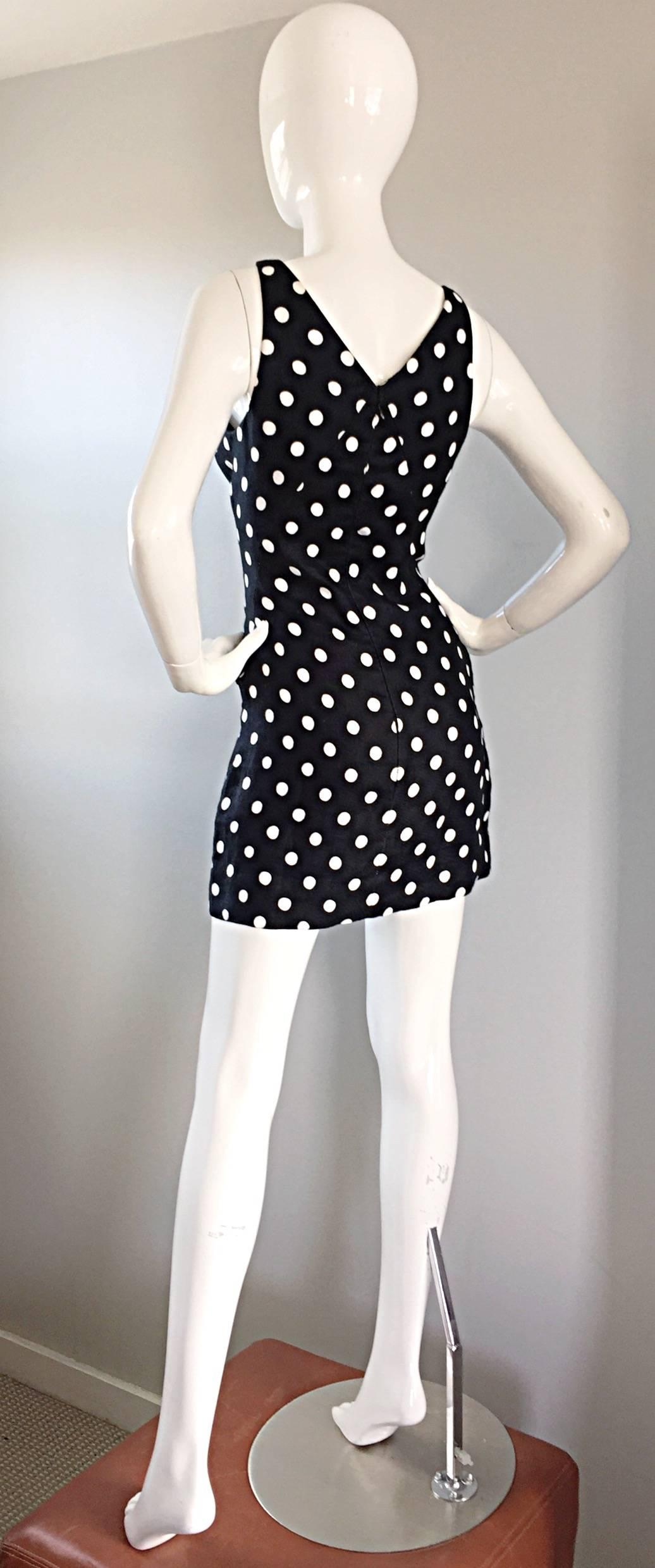 Women's Vintage Geoffrey Beene Neiman Marcus Black and White Polka Dot Mini Linen Dress