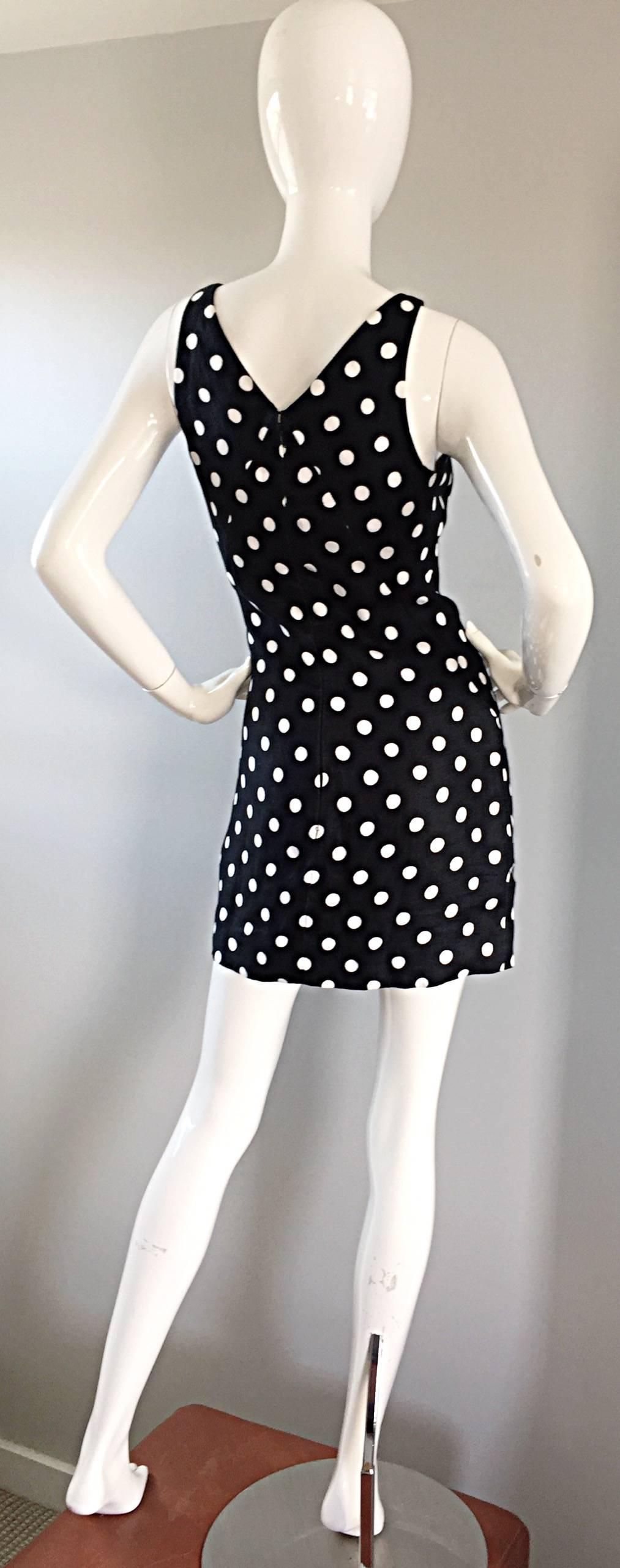 Vintage Geoffrey Beene Neiman Marcus Black and White Polka Dot Mini Linen Dress 4