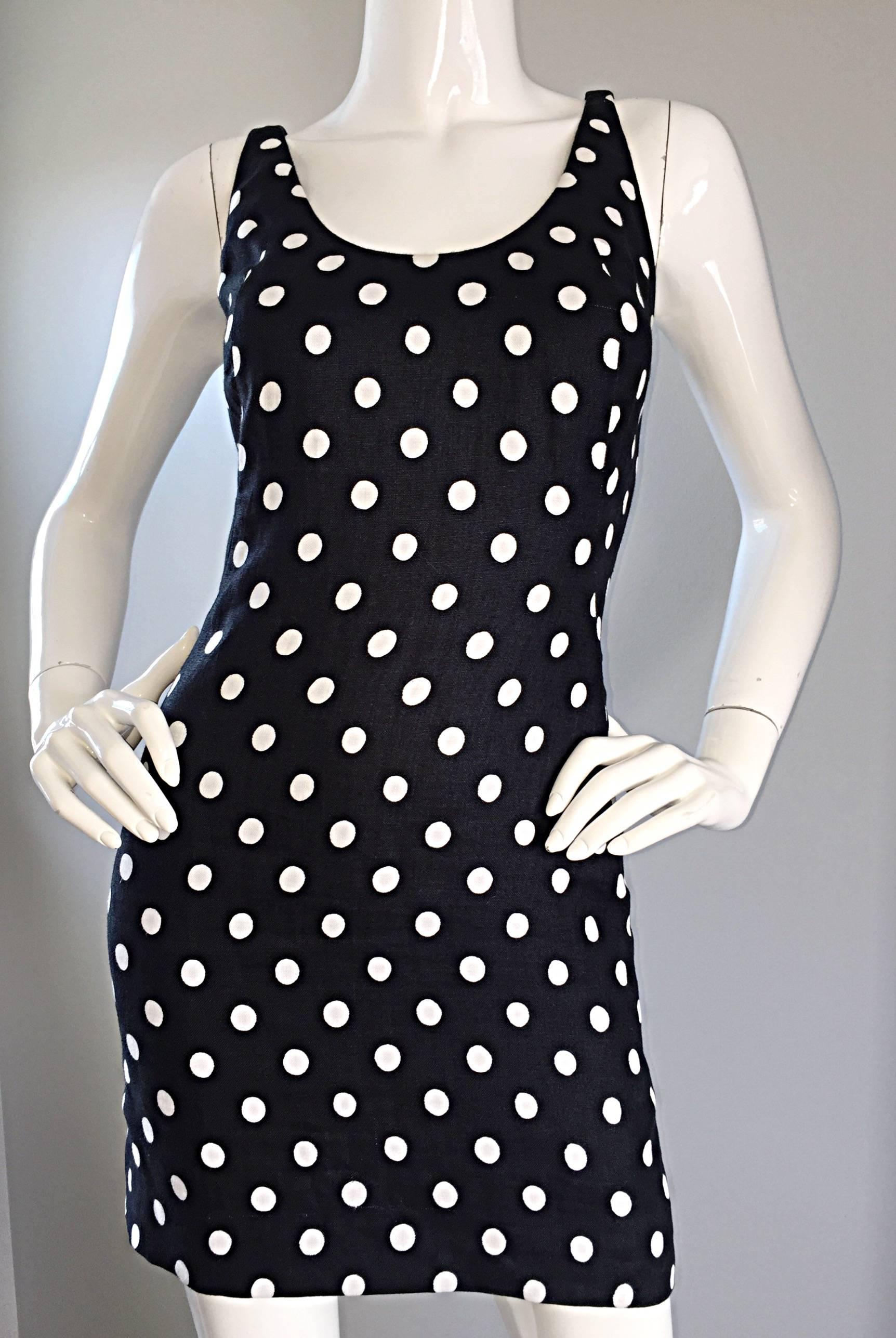 Vintage Geoffrey Beene Neiman Marcus Black and White Polka Dot Mini Linen Dress 2