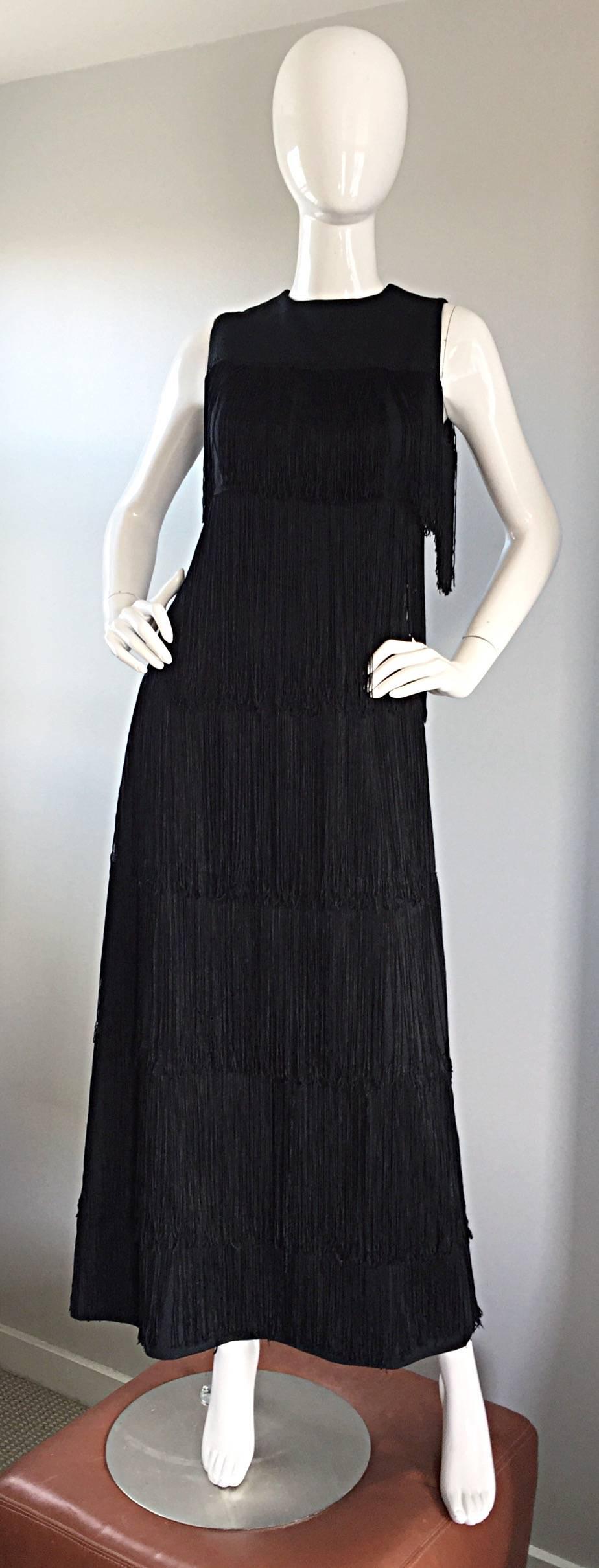 1960s Alfred Werber Black Fully Fringed Crepe Full Length Vintage Dress / Gown 1