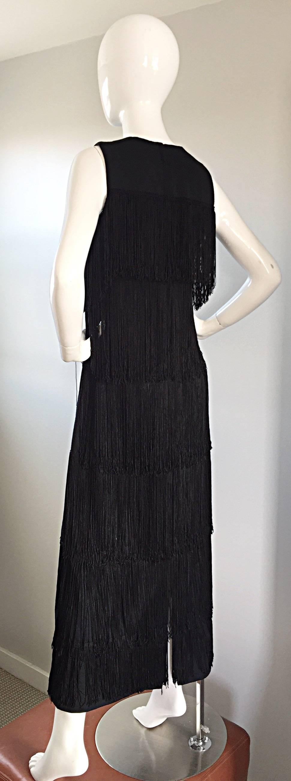 Women's 1960s Alfred Werber Black Fully Fringed Crepe Full Length Vintage Dress / Gown