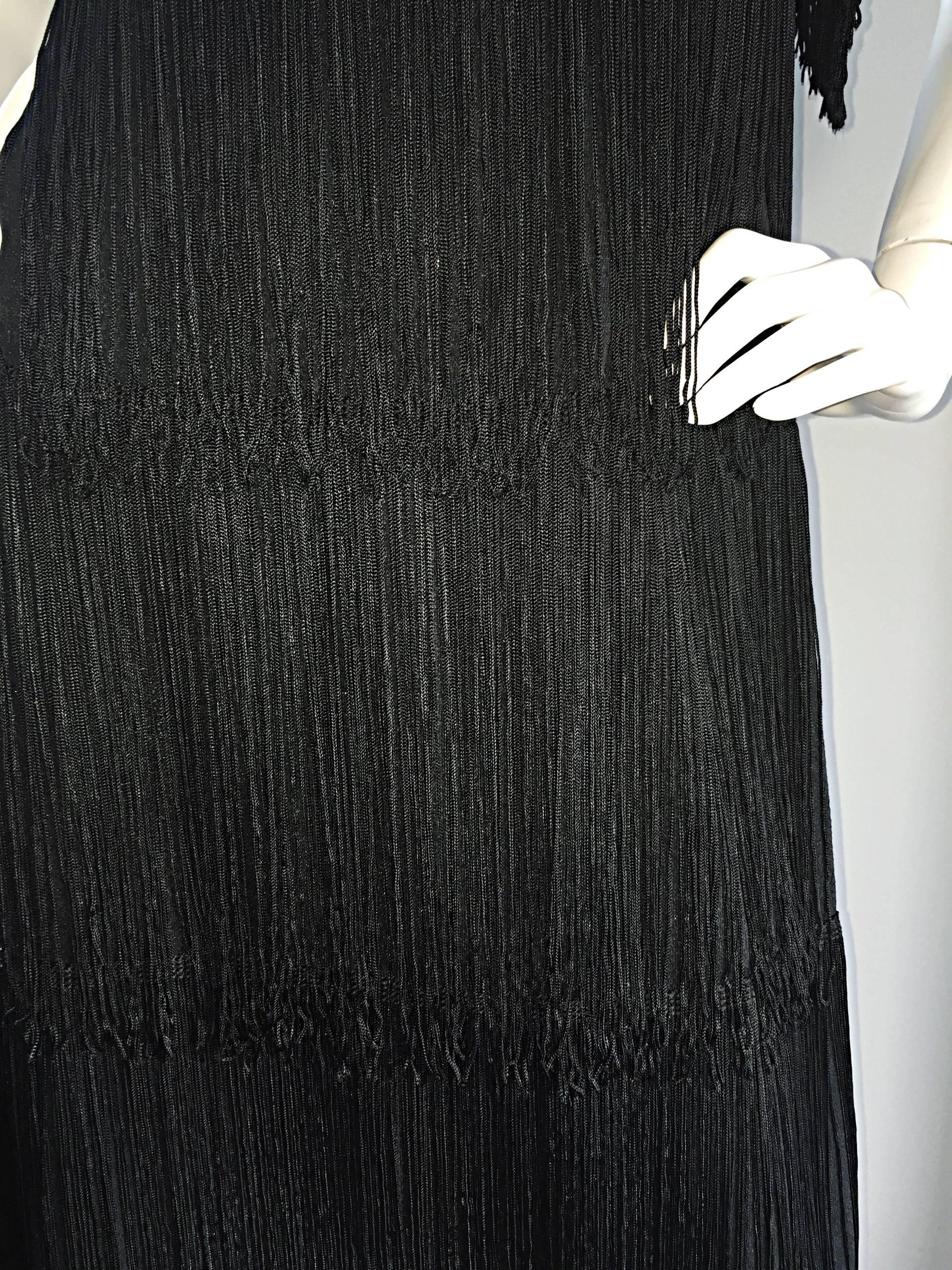 1960s Alfred Werber Black Fully Fringed Crepe Full Length Vintage Dress / Gown In Excellent Condition In San Diego, CA