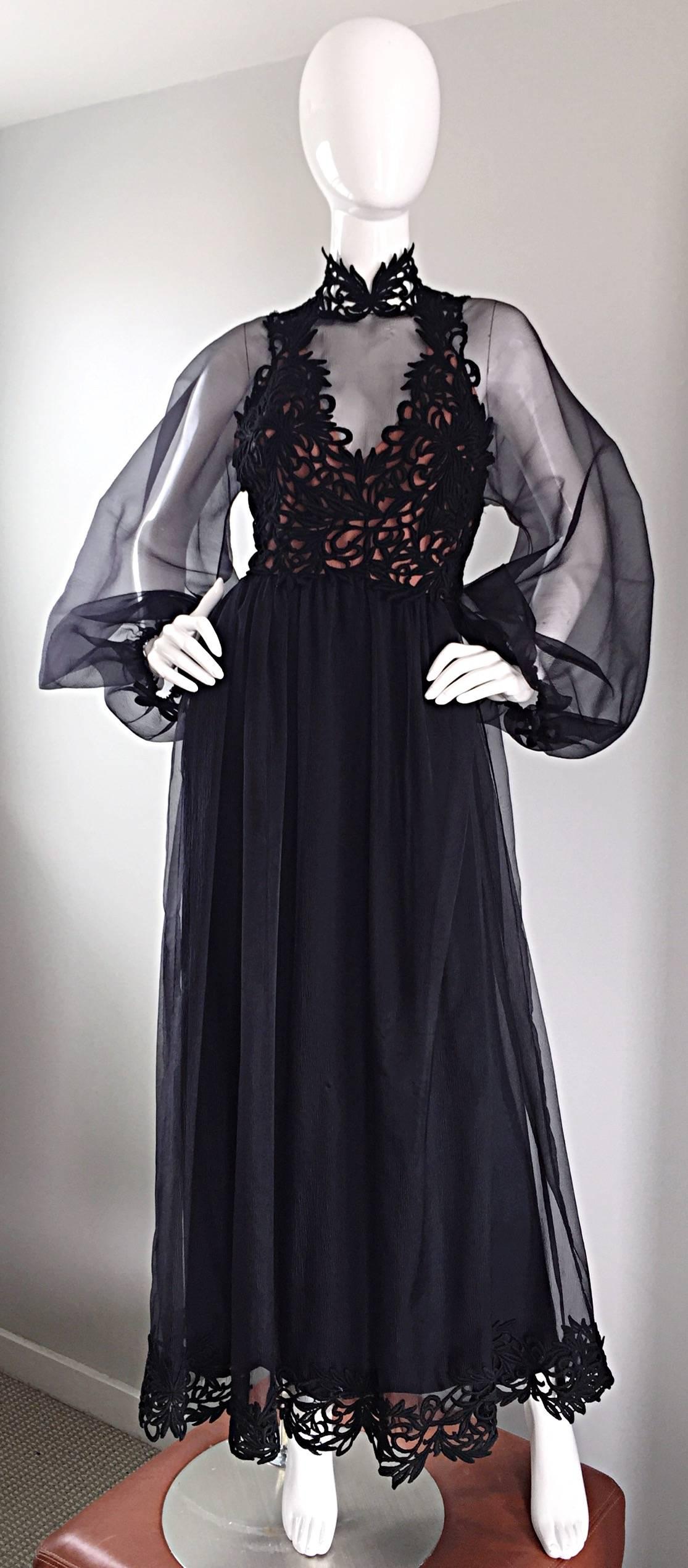 Extraordinary vintage WERLE of BEVERLY HILLS black silk Demi couture gown! Features mostly hand-sewn workmanship, with a heavy eye to detail. Black silk hand crochet at bodice, collar and hem. Wonderful full skirt, with layers and layers of silk