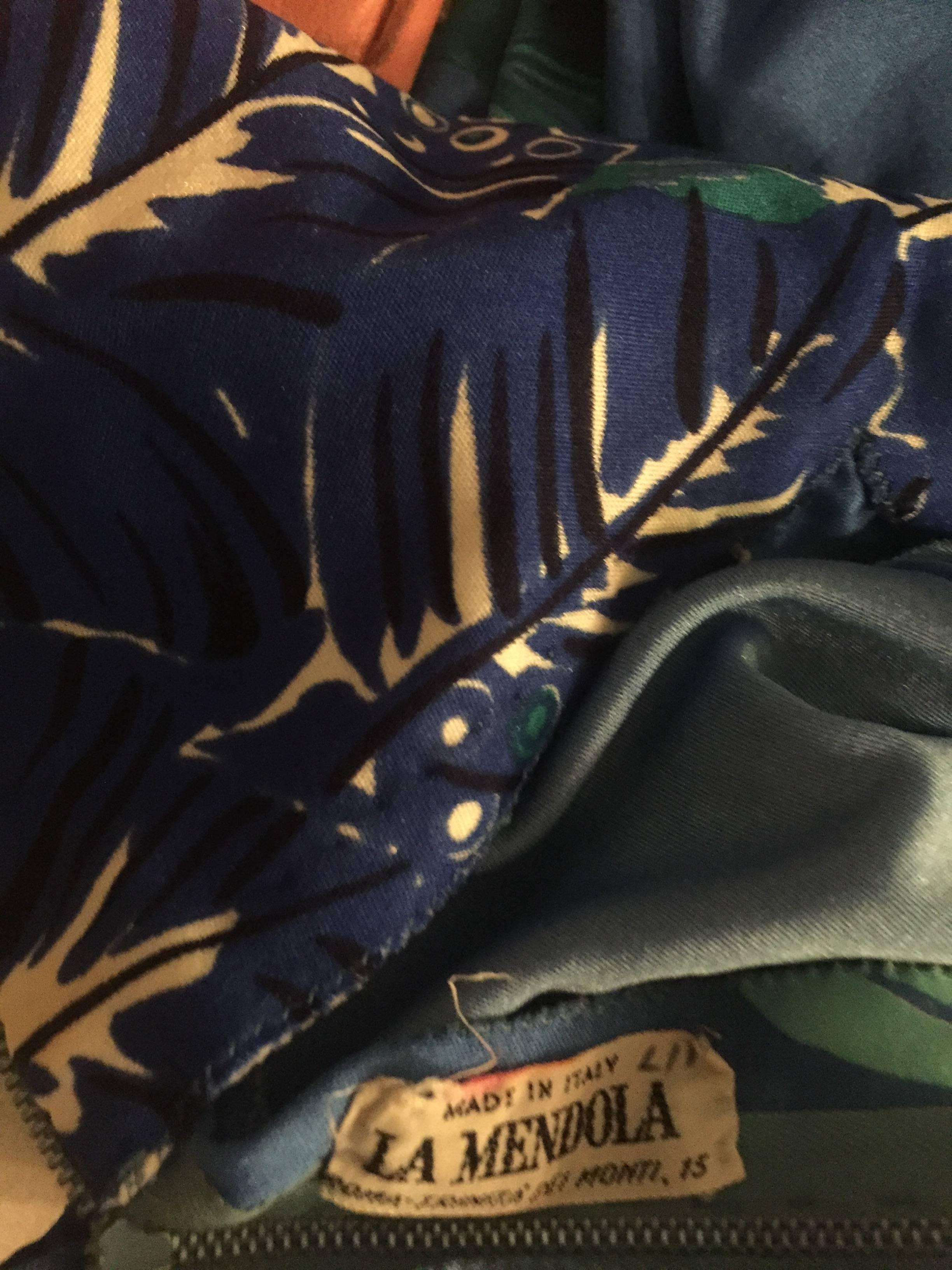 Beautiful Vintage La Mendola Turquoise Blue Tropical Silk Jersey 70s Maxi Dress 6