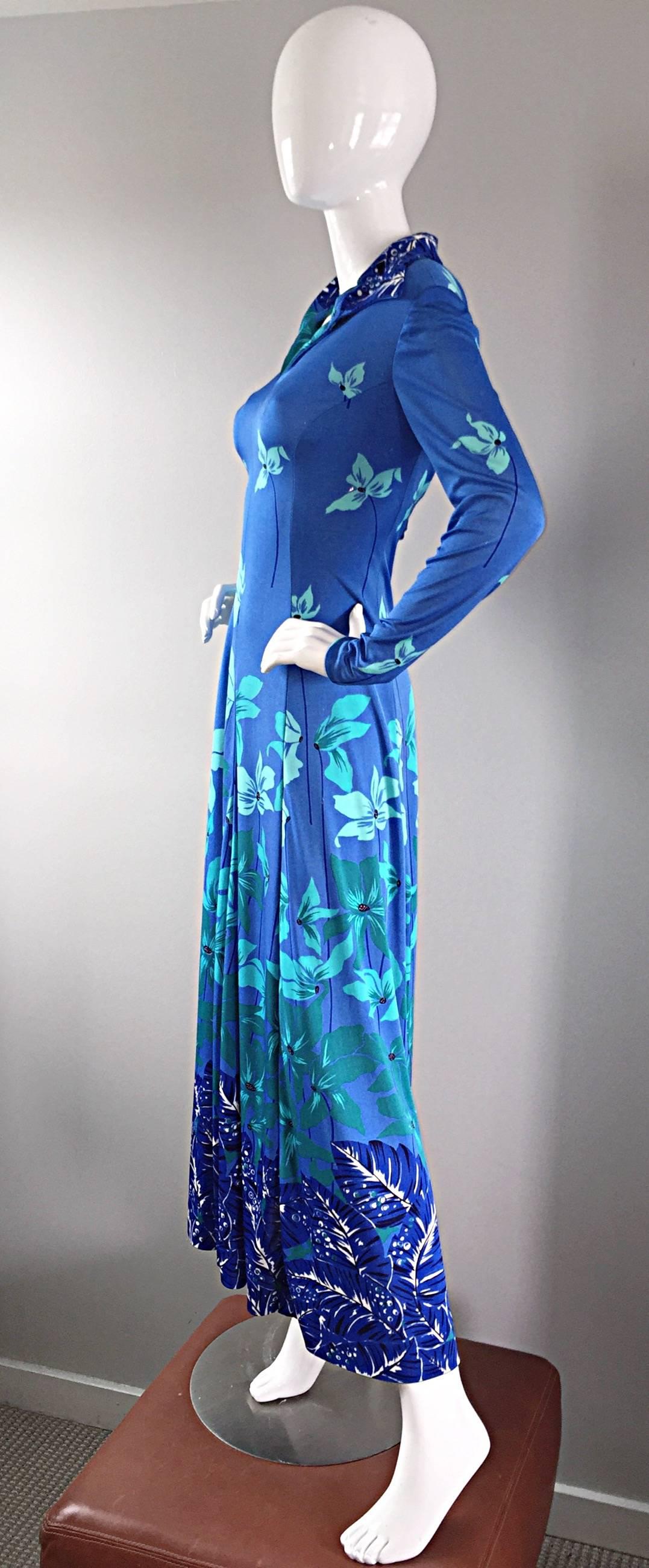 Beautiful Vintage La Mendola Turquoise Blue Tropical Silk Jersey 70s Maxi Dress 1