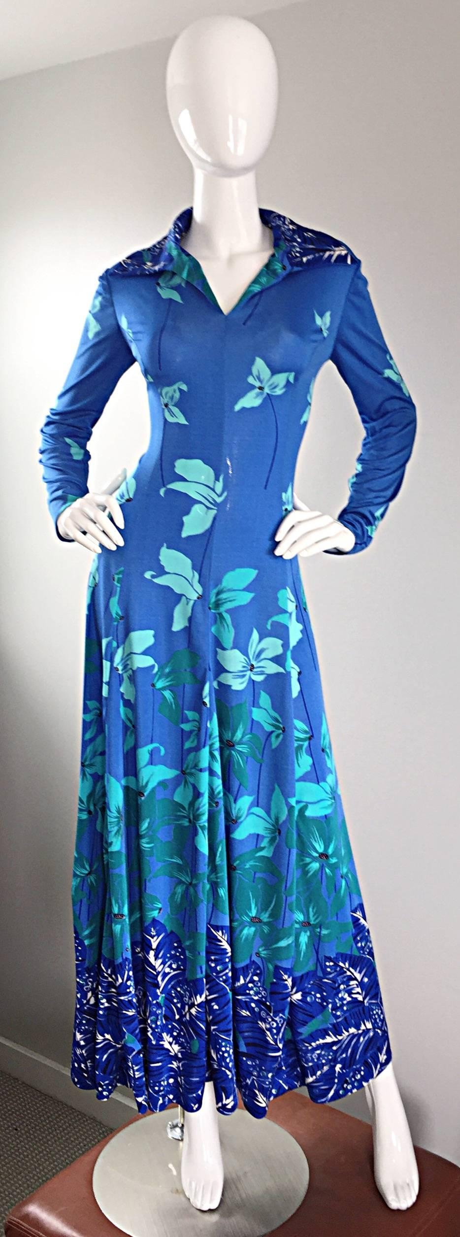 Beautiful Vintage 1970s LA MENDOLA (Made in Italy) turquoise blue silk jersey maxi dress! La Mendola was a sought after label by many Hollywood starlets, including Elizabeth Taylor and Rita Hayworth. This beauty features a wonderful floral print,