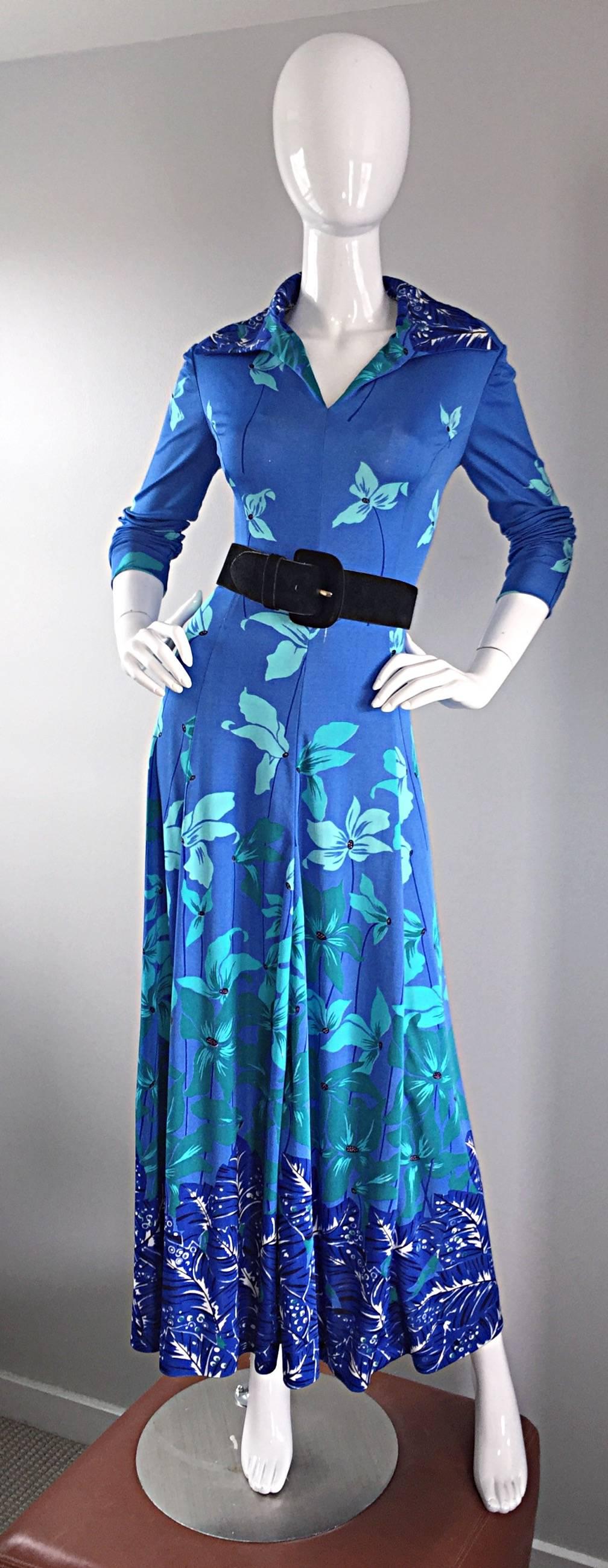 Women's Beautiful Vintage La Mendola Turquoise Blue Tropical Silk Jersey 70s Maxi Dress