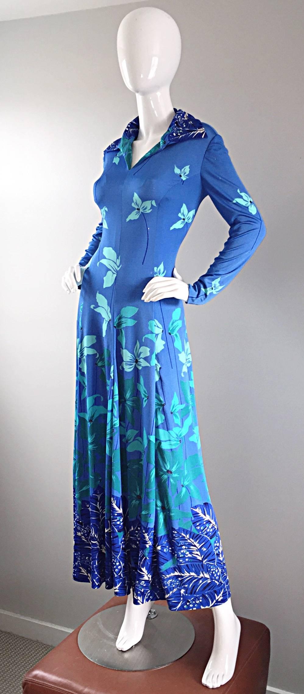 Beautiful Vintage La Mendola Turquoise Blue Tropical Silk Jersey 70s Maxi Dress 3