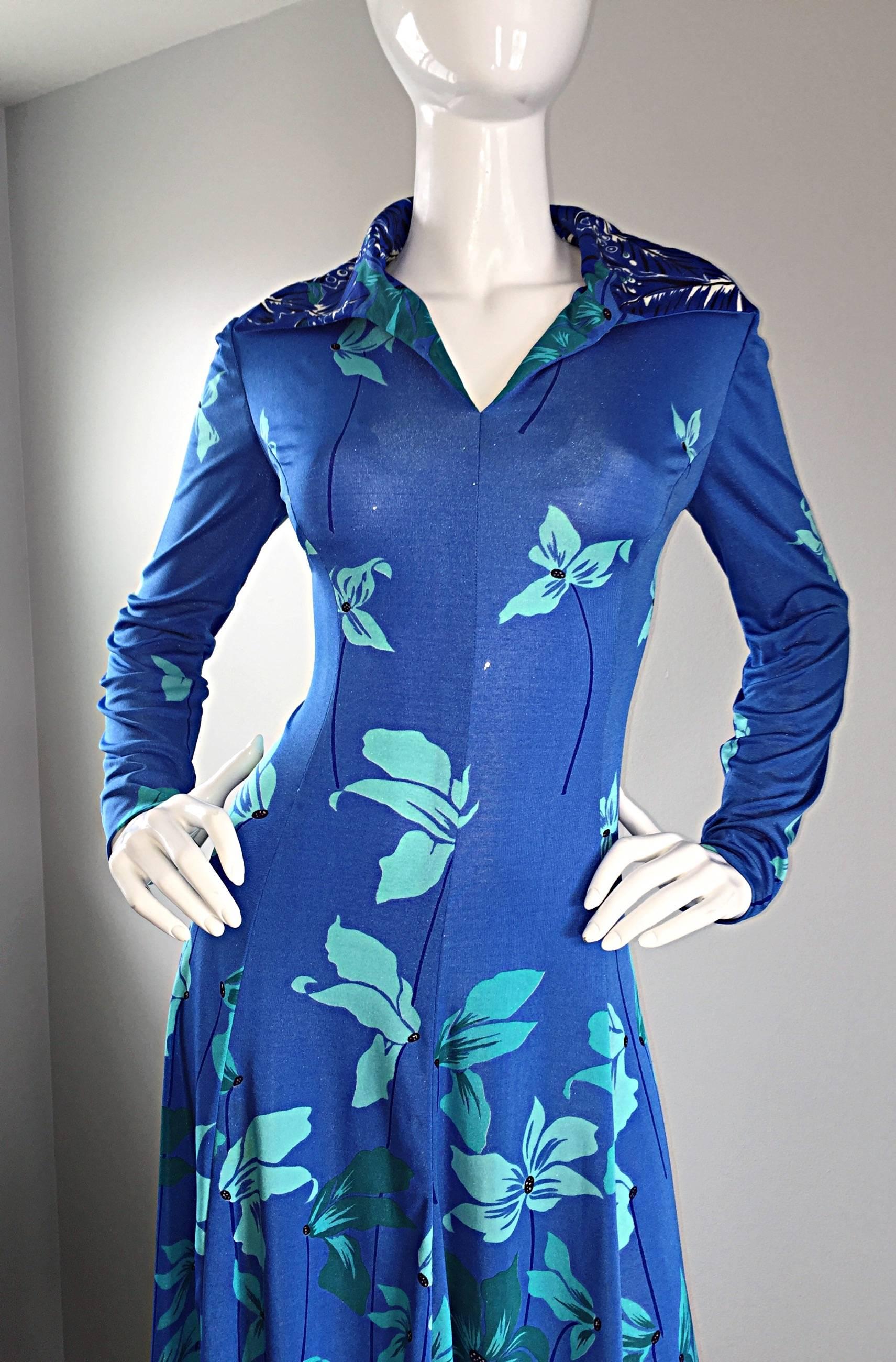 Beautiful Vintage La Mendola Turquoise Blue Tropical Silk Jersey 70s Maxi Dress 5