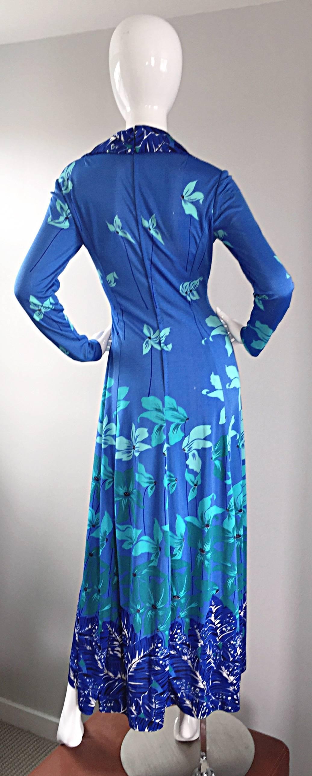 Beautiful Vintage La Mendola Turquoise Blue Tropical Silk Jersey 70s Maxi Dress 4