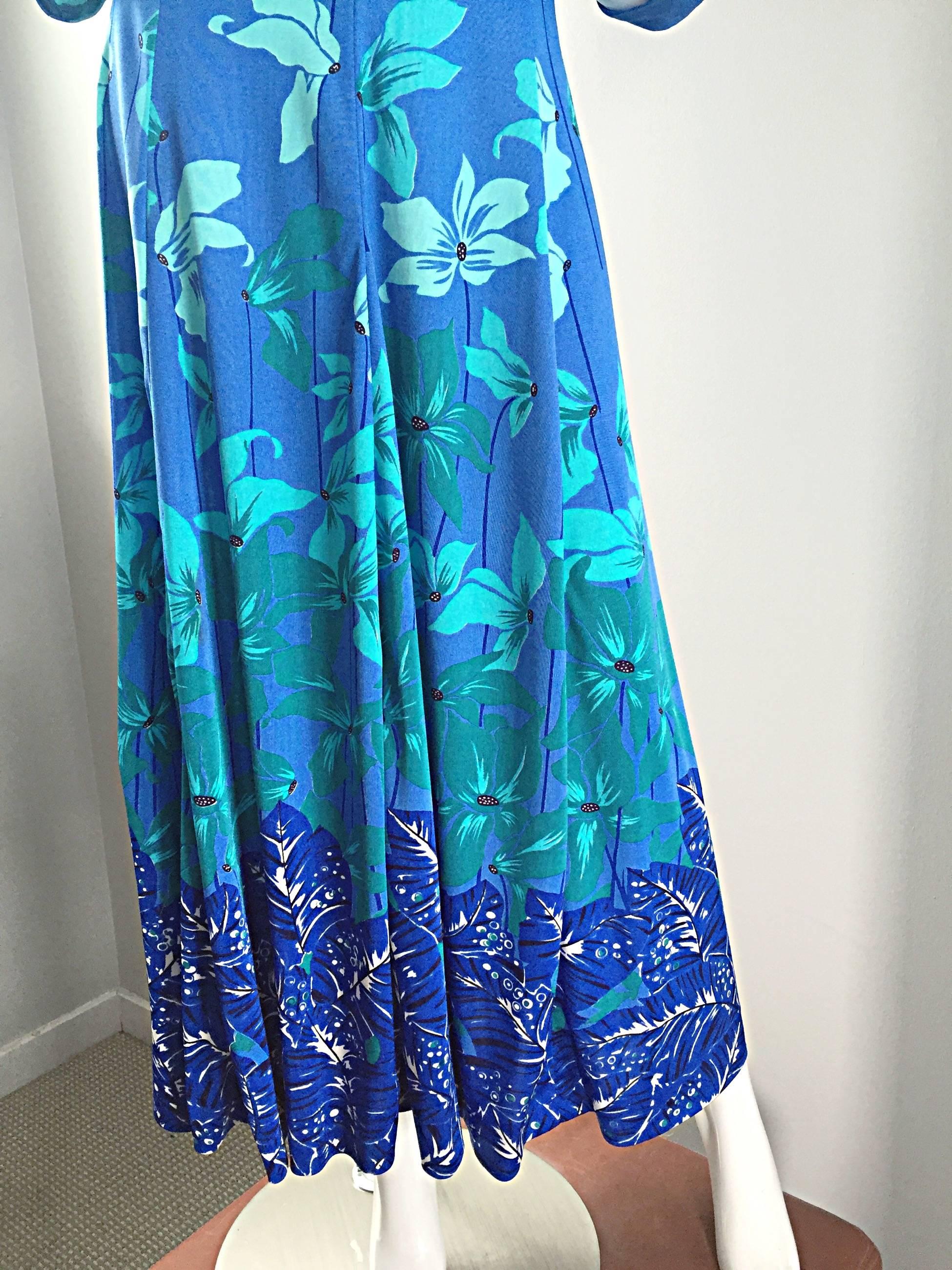 Beautiful Vintage La Mendola Turquoise Blue Tropical Silk Jersey 70s Maxi Dress 2