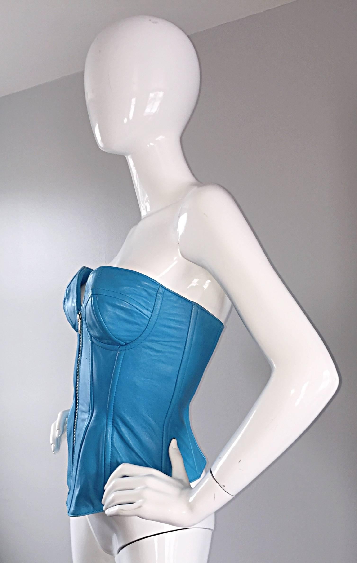 Vintage North Beach Leather by Michael Hoban Turquoise Sexy Corset Bustier Top In Excellent Condition In San Diego, CA