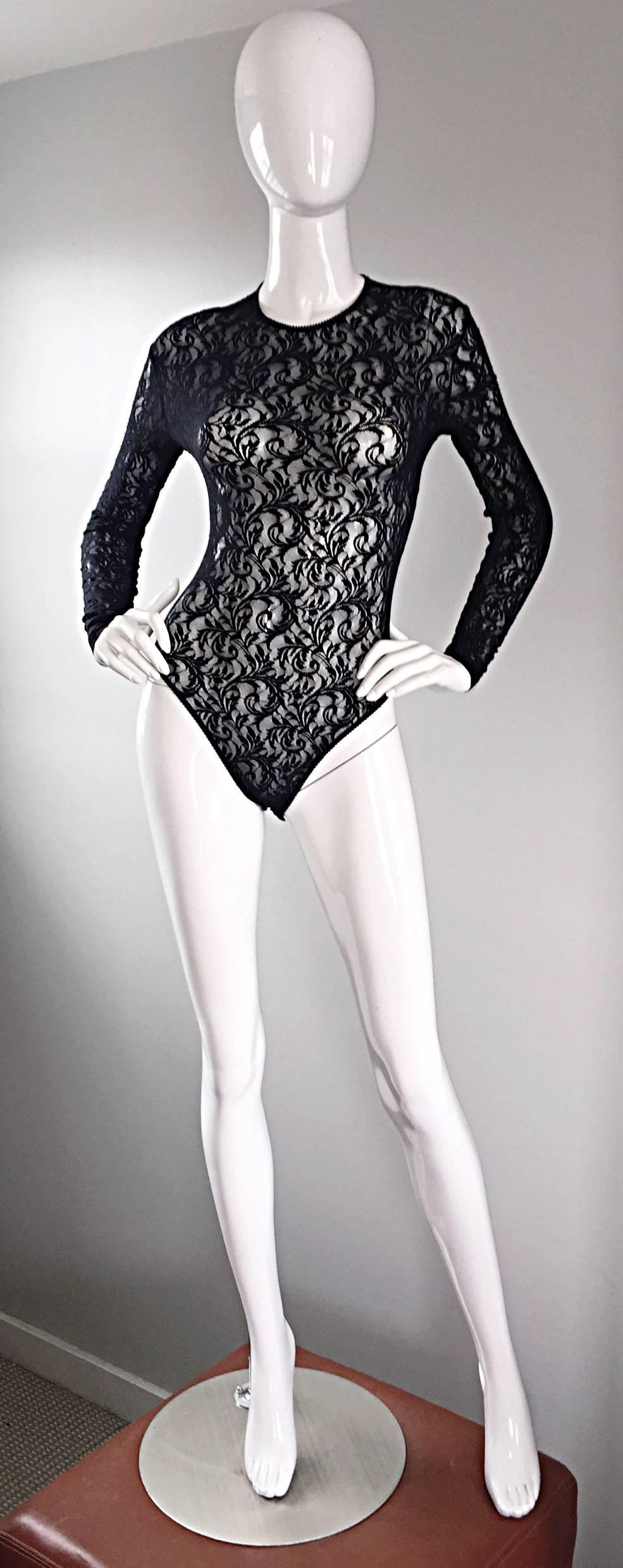 Vintage Calvin Klein 1990s Black Lace Sexy Long Sleeve 90s Bodysuit Onesie  en vente 4
