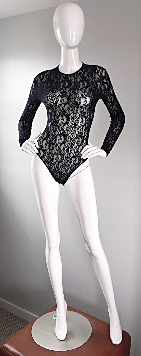 Vintage Calvin Klein 1980s Black Lace Sexy Long Sleeve 80s Bodysuit