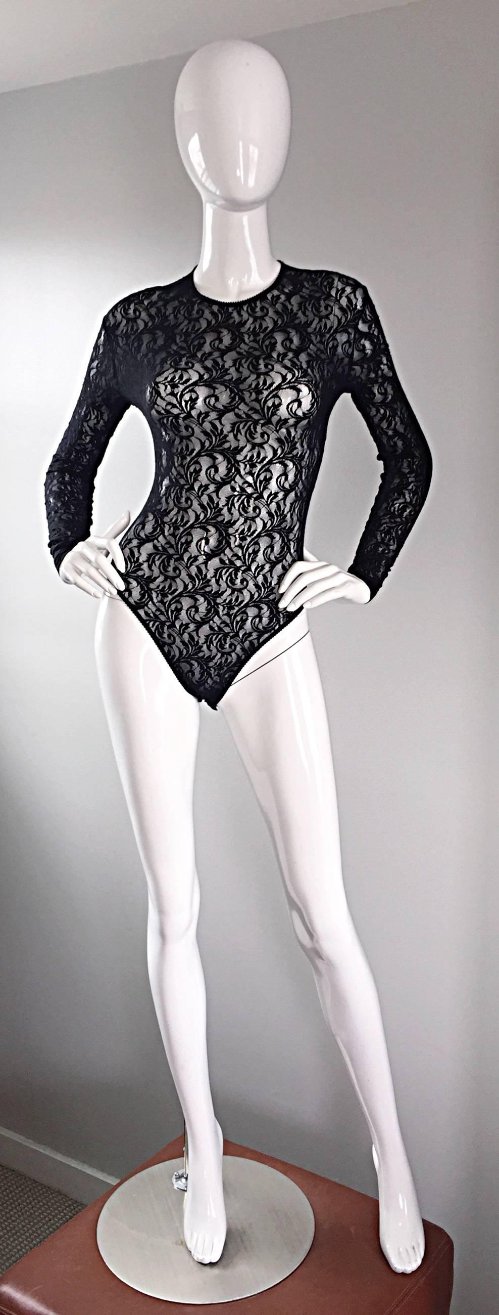 Sexy vintage rare early CALVIN KLEIN 1990s black lace bodysuit! All over black regal lace. Amazing bodycon fit, that is extremely versatile. Can easily transition from day to night---looks fantastic with jeans, shorts, trousers, a denim skirt, or a