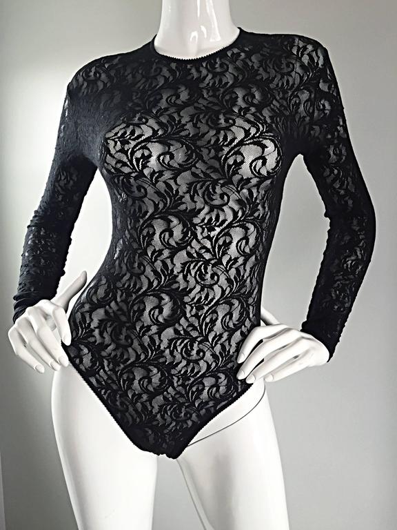 Vintage Calvin Klein 1980s Black Lace Sexy Long Sleeve 80s Bodysuit