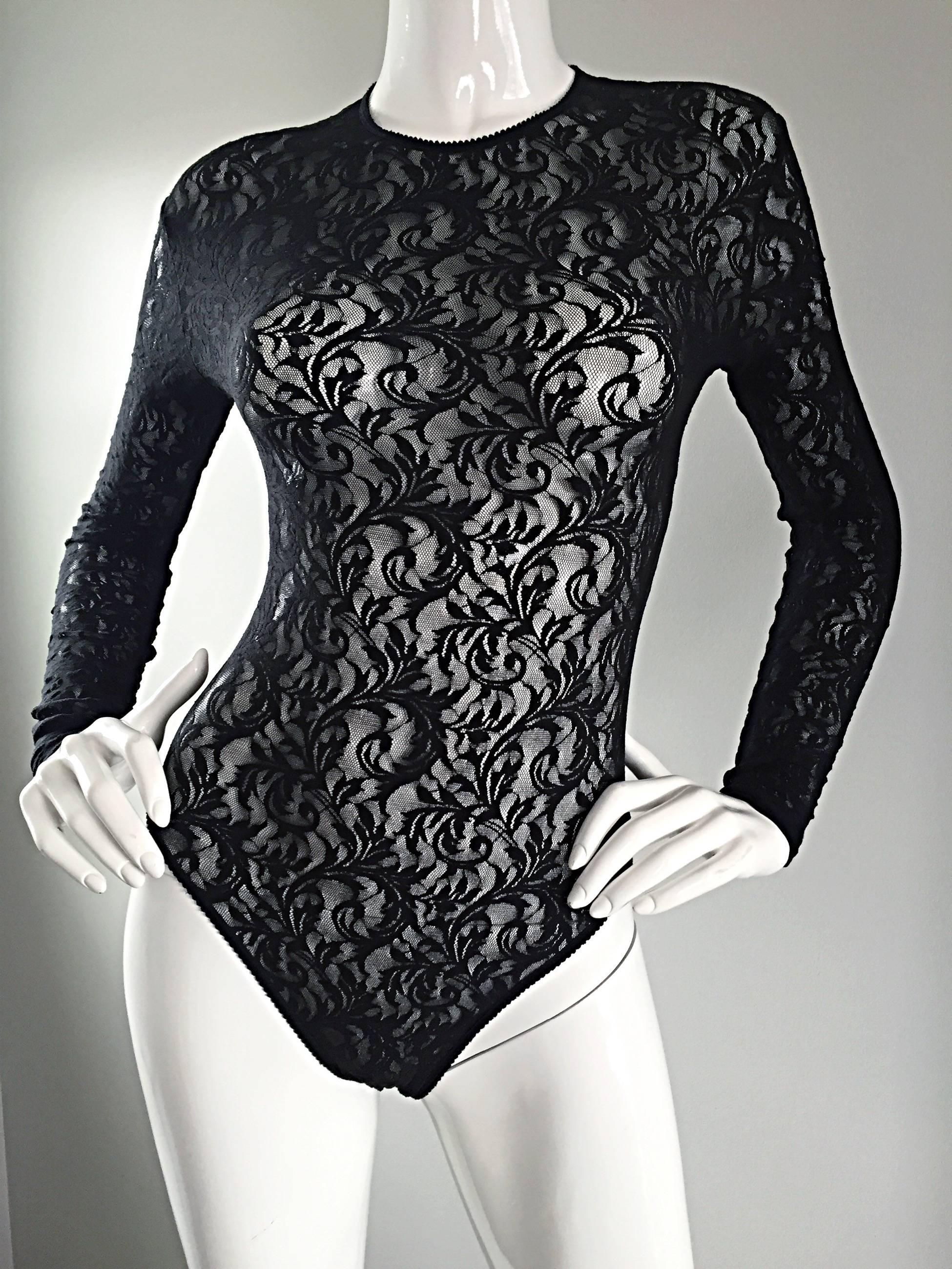 Vintage Calvin Klein 1990s Black Lace Sexy Long Sleeve 90s Bodysuit Onesie  en vente 3