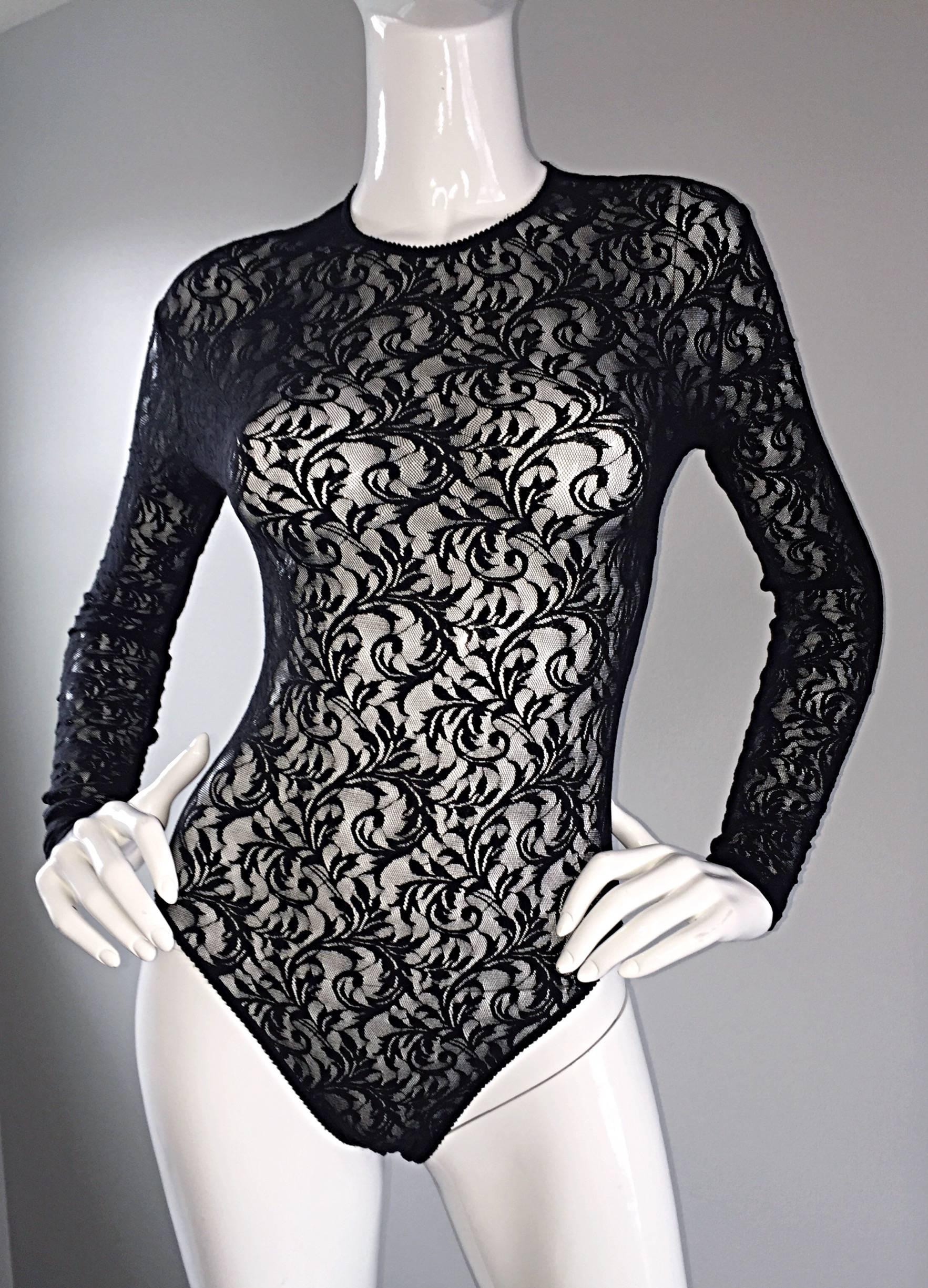 Vintage Calvin Klein 1990s Black Lace Sexy Long Sleeve 90s Bodysuit Onesie  Excellent état - En vente à San Diego, CA