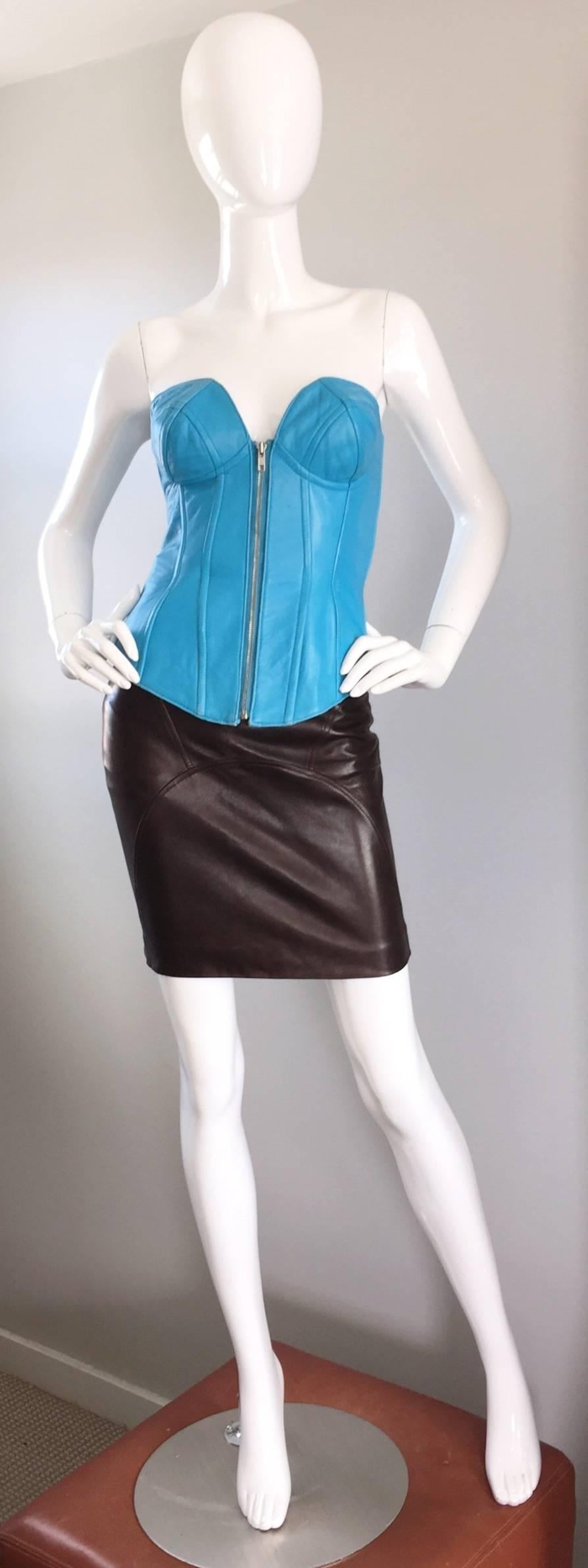 Black 90s Jean Claude Jitrois Vintage Chocolate Brown Leather Sexy BodyCon Mini Skirt  For Sale