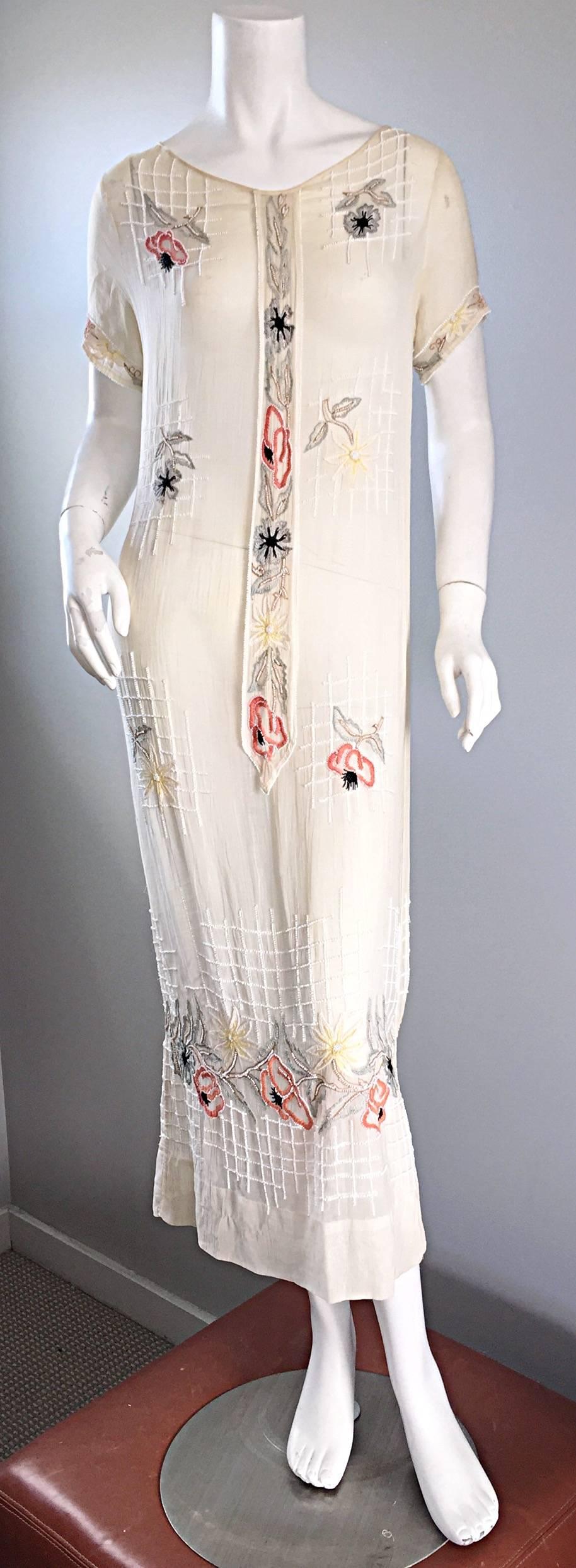 Incredible, and rare 20s B. ALTMAN Haute Couture dress! Completely hand sewn, and hand embroidered/beaded. This beauty is nothing short of exceptional! Lightweight semi sheer cotton voile looks great alone, or with a slip under. Attached beaded