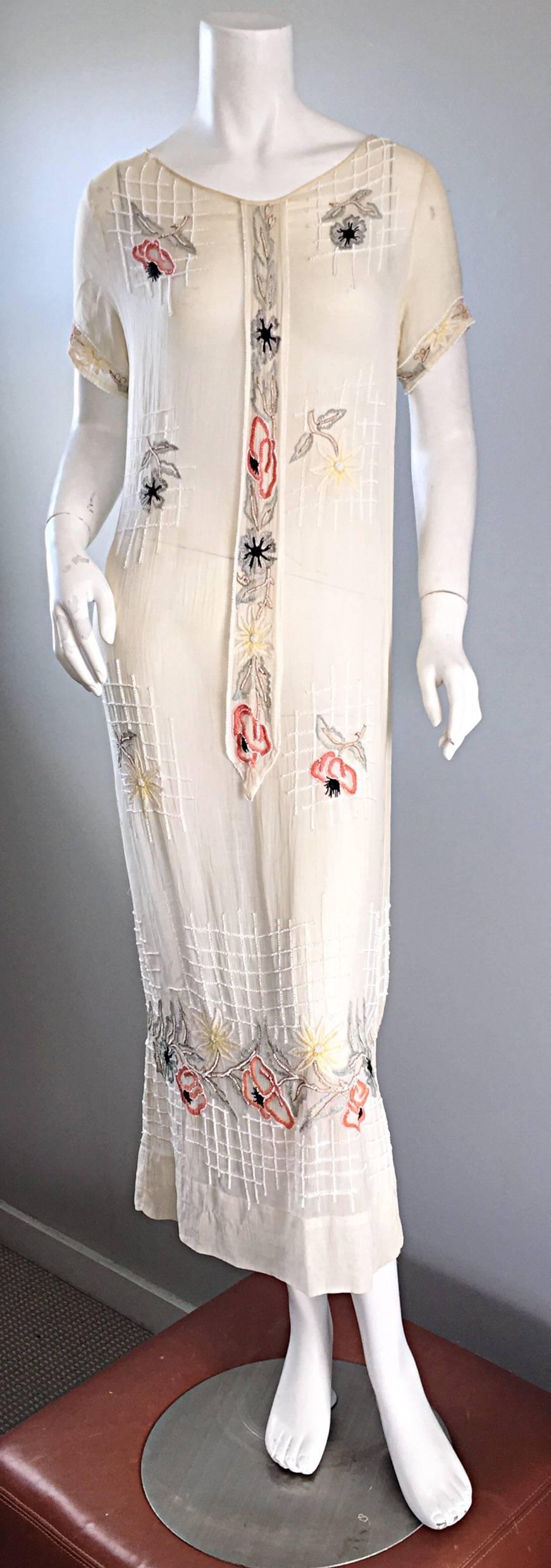 Rare 1920s B Altman Haute Couture Ivory Hand Beaded Cotton Voile Vintage Dress For Sale 1