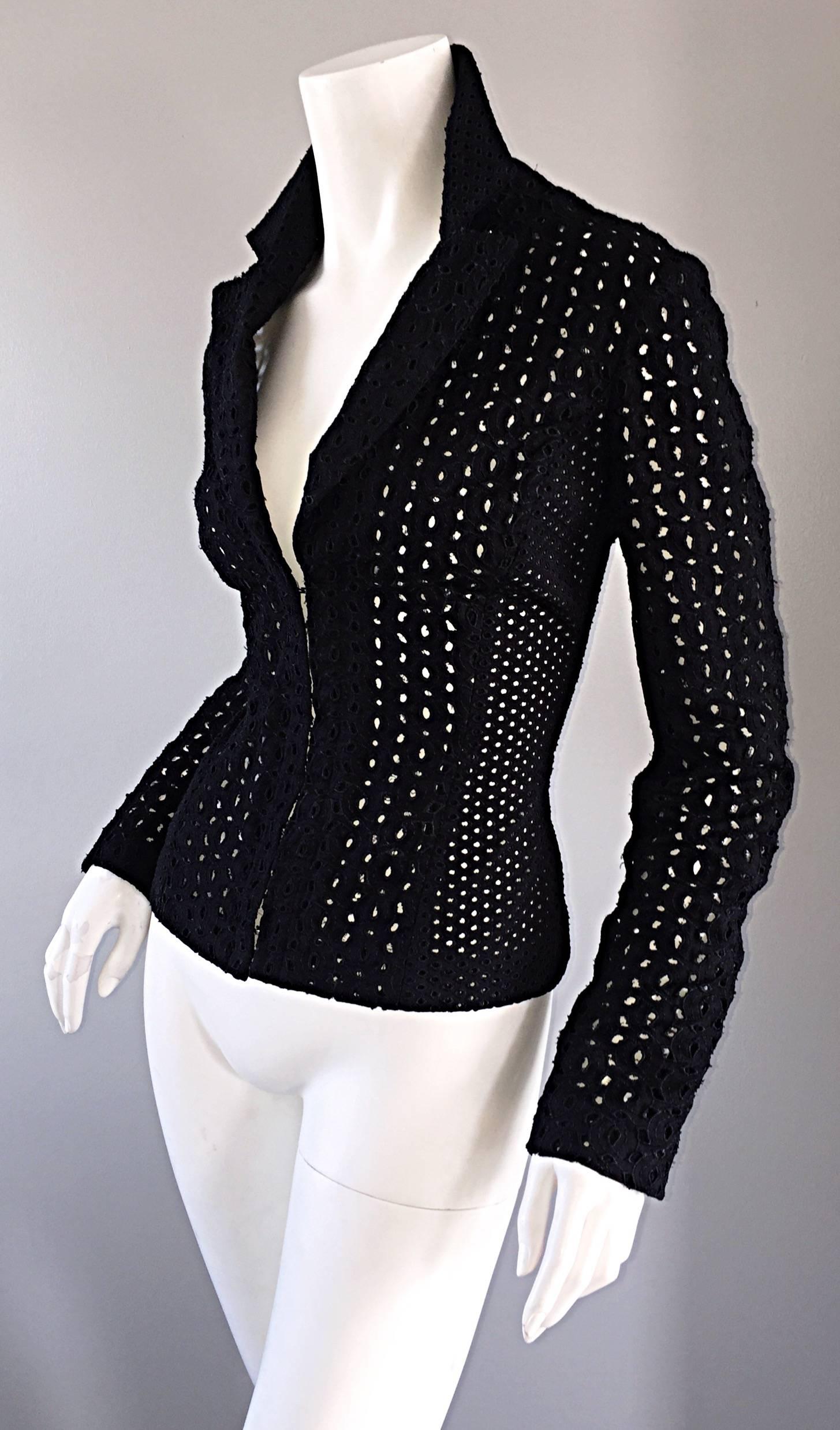 Women's 1990s Gianni Versace Couture Black Eylets Fitted 1990s 90s Blazer Jacket 